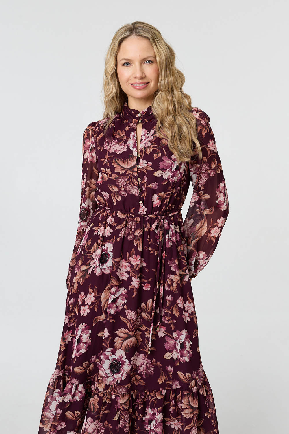 Floral Semi Sheer Mesh Layer Midi Dress Back View