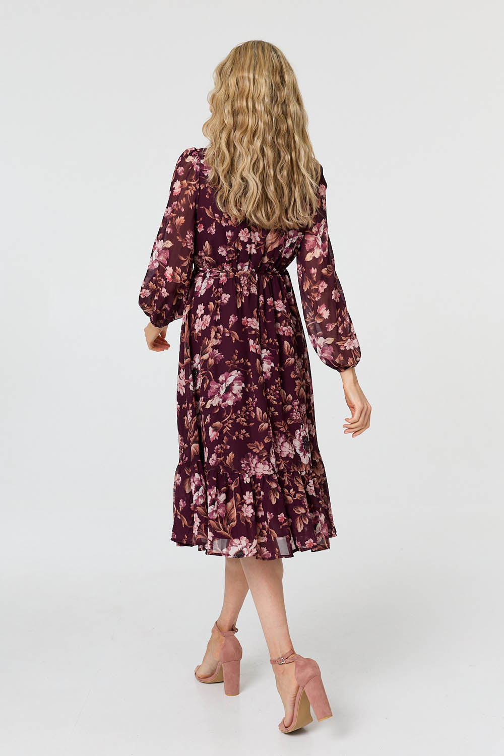Floral Semi Sheer Mesh Layer Midi Dress Detail View