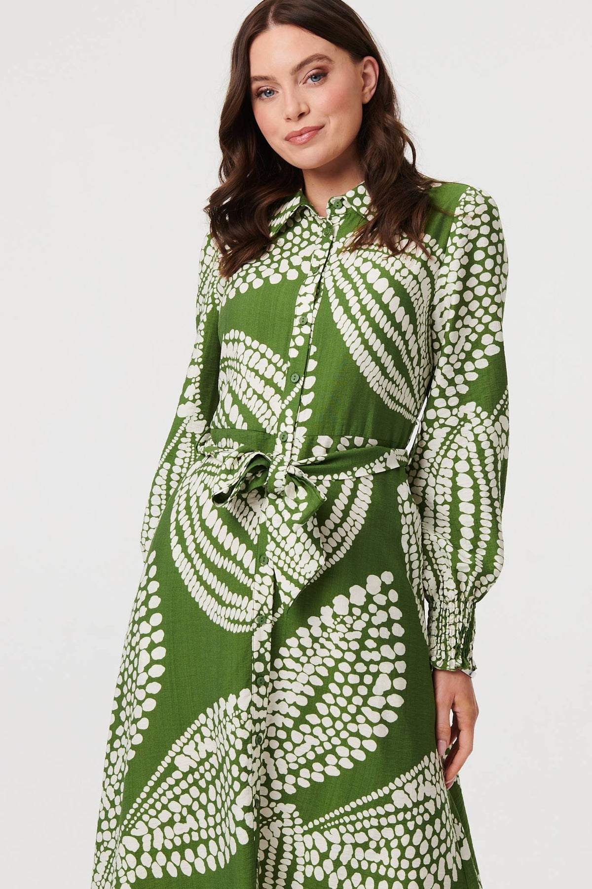Printed Balloon Sleeve Midi Shirt Dress Full Length View