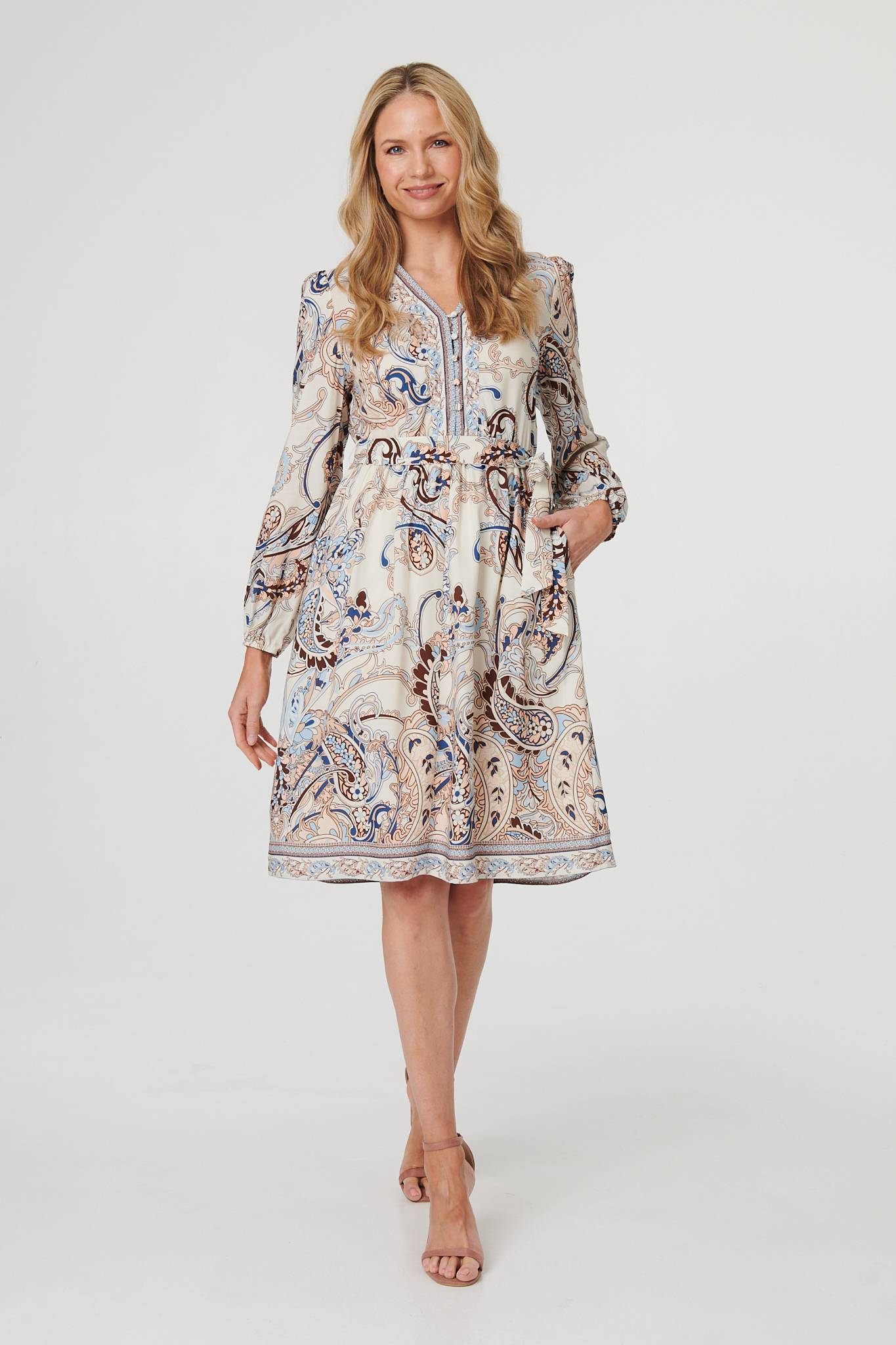 Abstract Tie Waist Knee Length Dress Front View