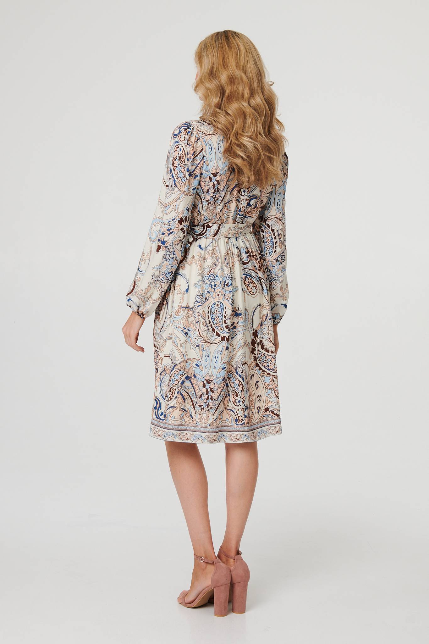 Abstract Tie Waist Knee Length Dress Detail View