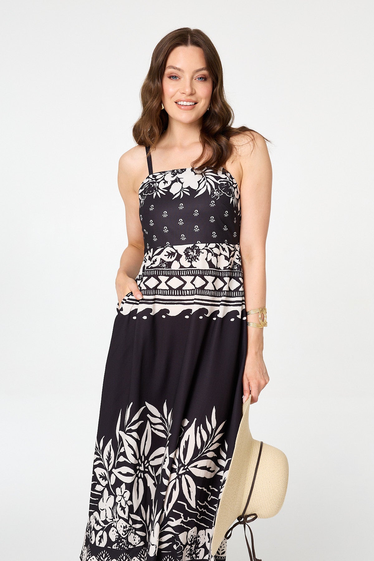 Border Print Sleeveless Cami Midi Dress Detail View