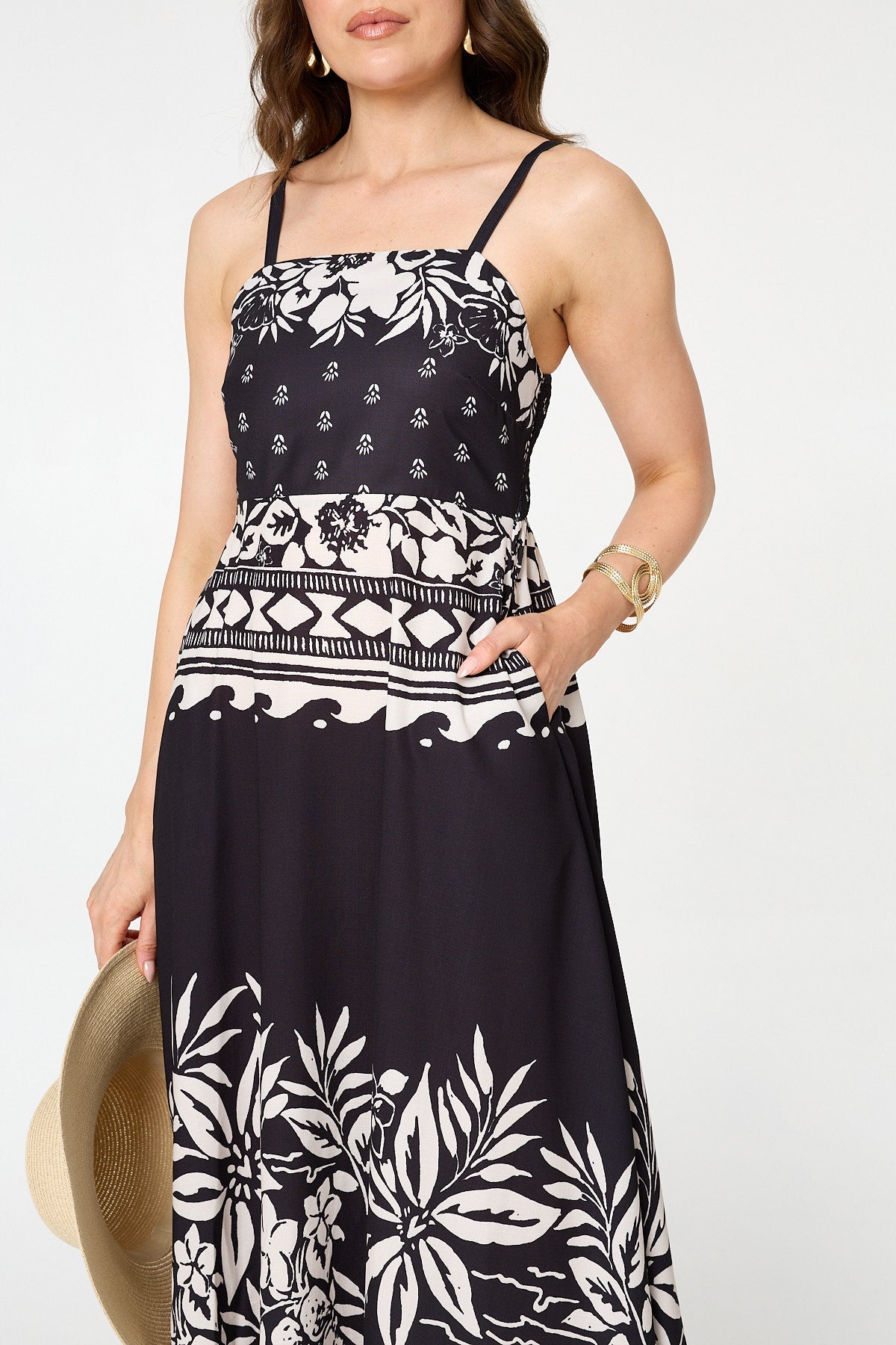 Border Print Sleeveless Cami Midi Dress Full Length View