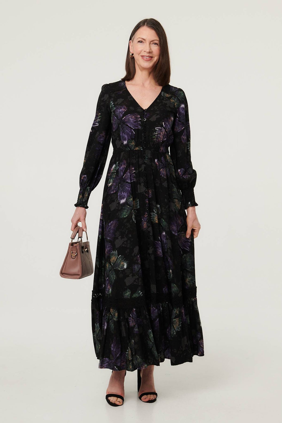 Floral Tier Long Sleeve Maxi Dress Front View
