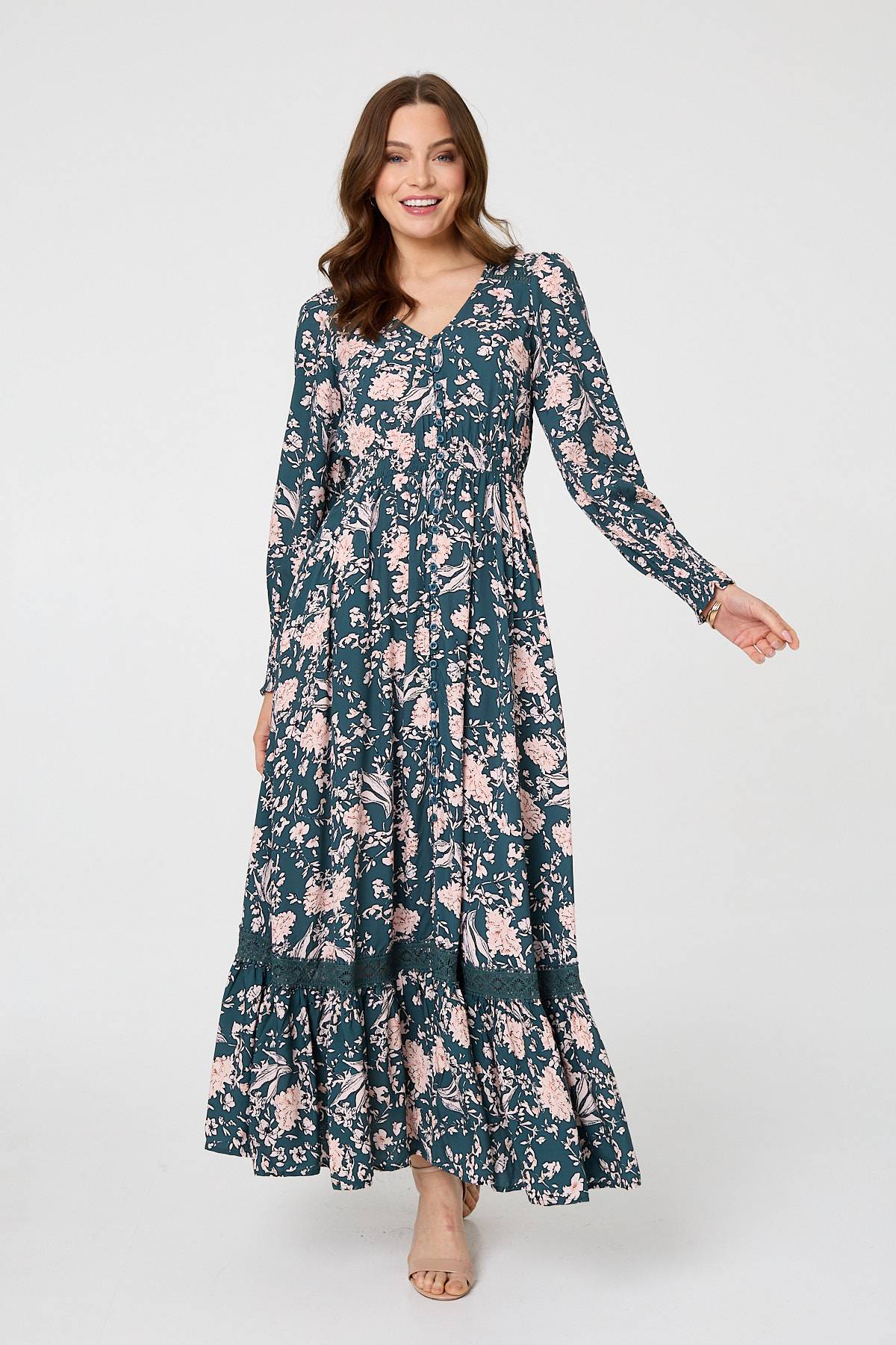 Floral Long Sleeve Lace Maxi Dress Front View 2