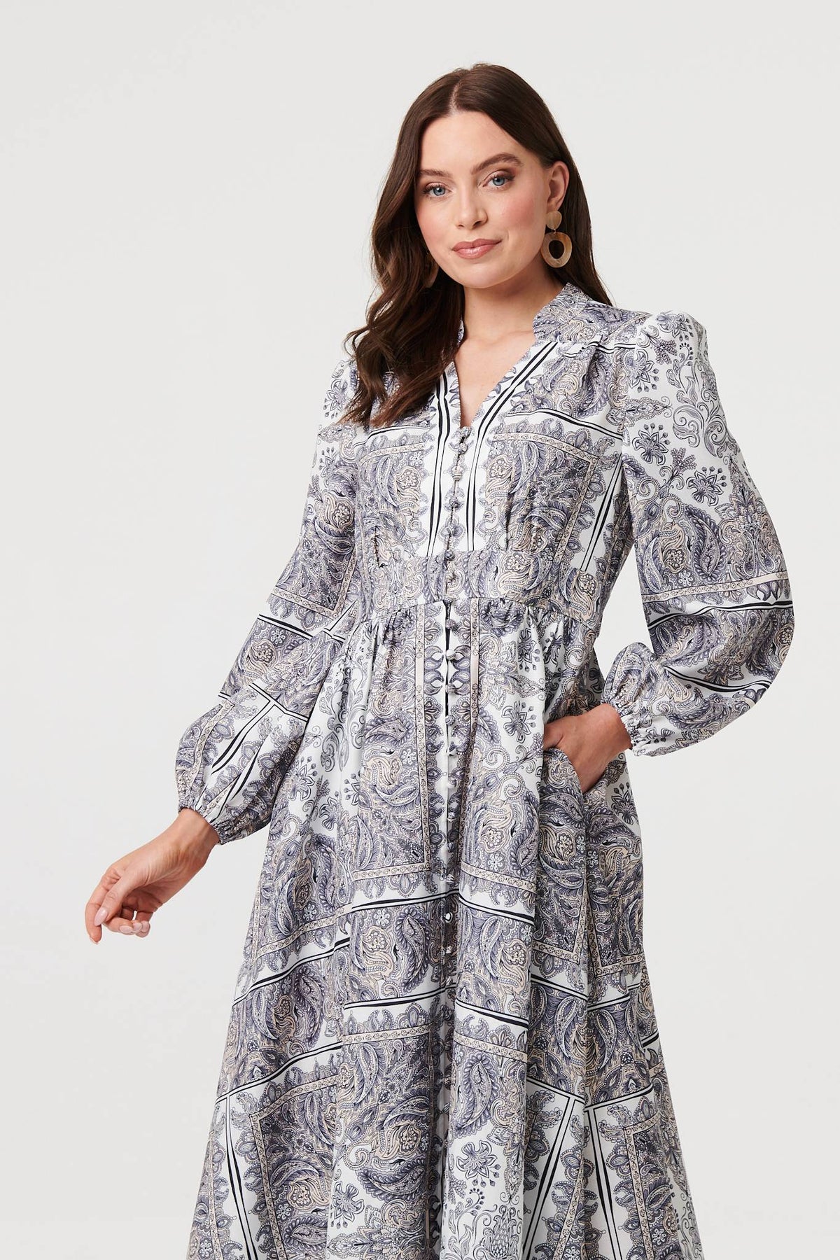 Printed Long Sleeve Shirred Midi Dress Back View