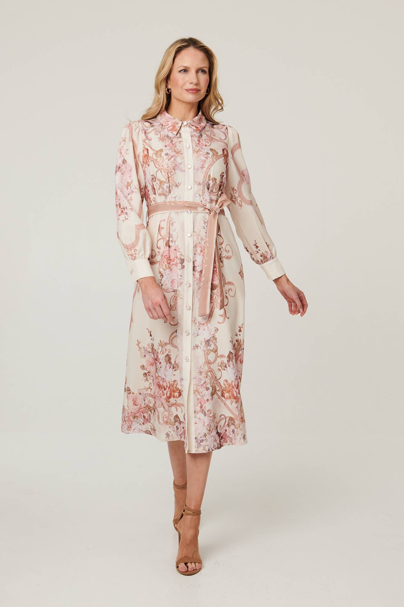 Floral Long Sleeve Tie Waist Midi Dress Back View