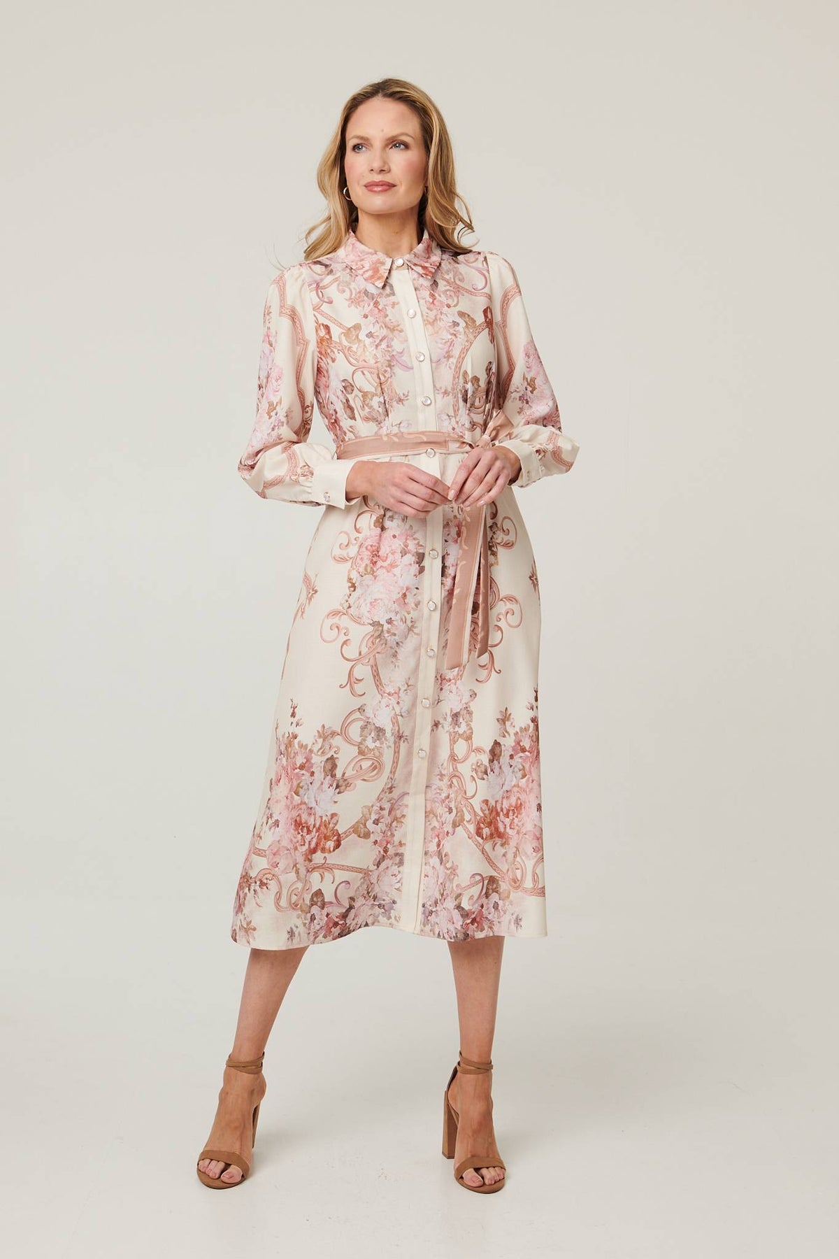 Floral Long Sleeve Tie Waist Midi Dress Front View