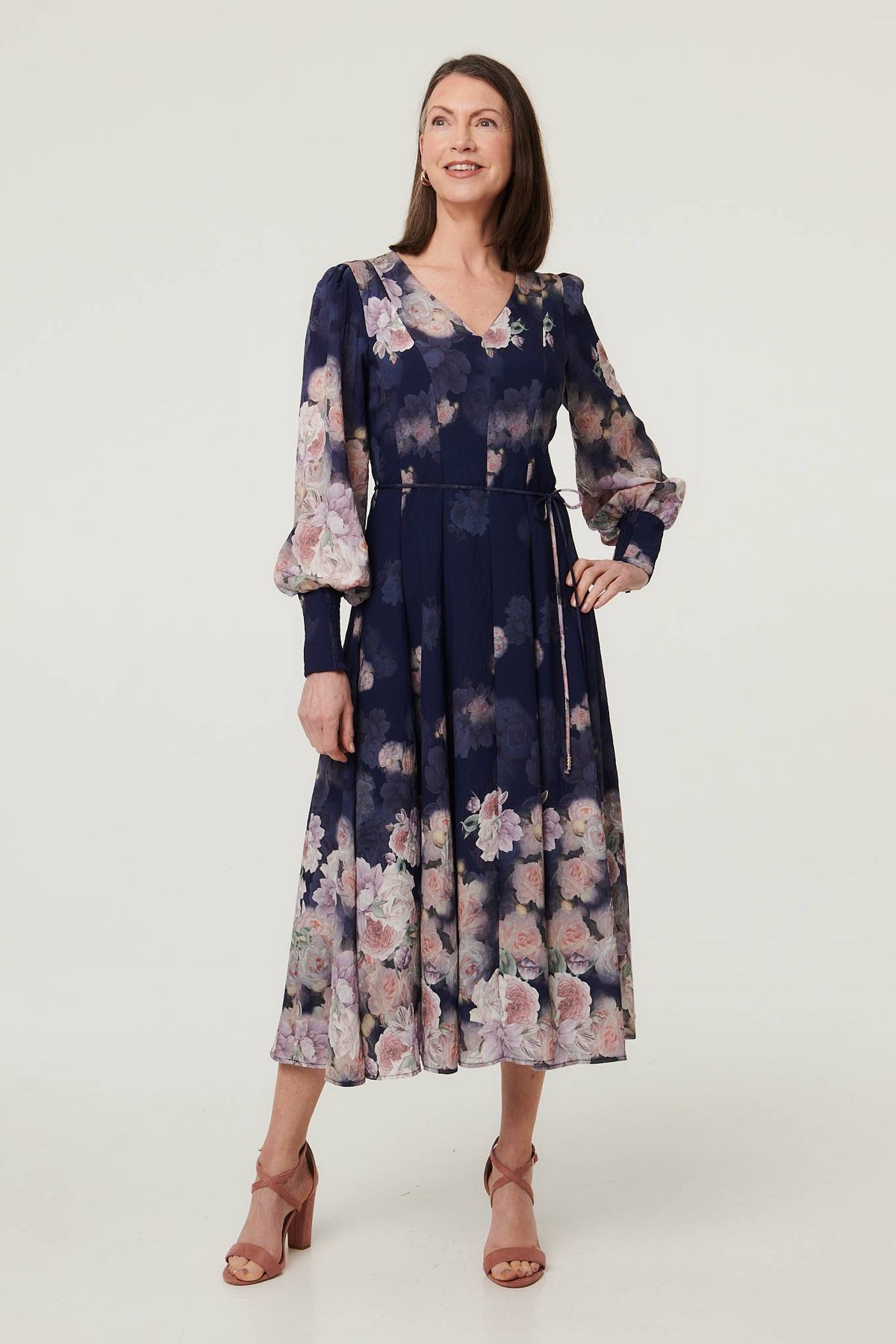 Floral Long Balloon Sleeve Midi Dress Front View