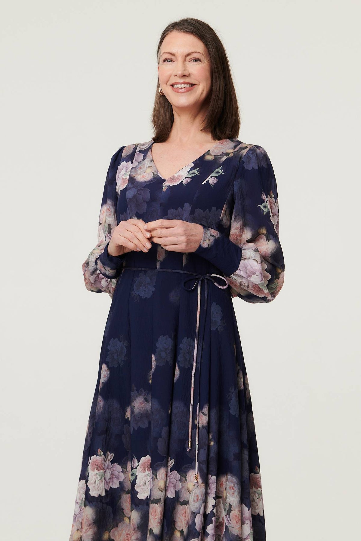 Floral Long Balloon Sleeve Midi Dress Styled View