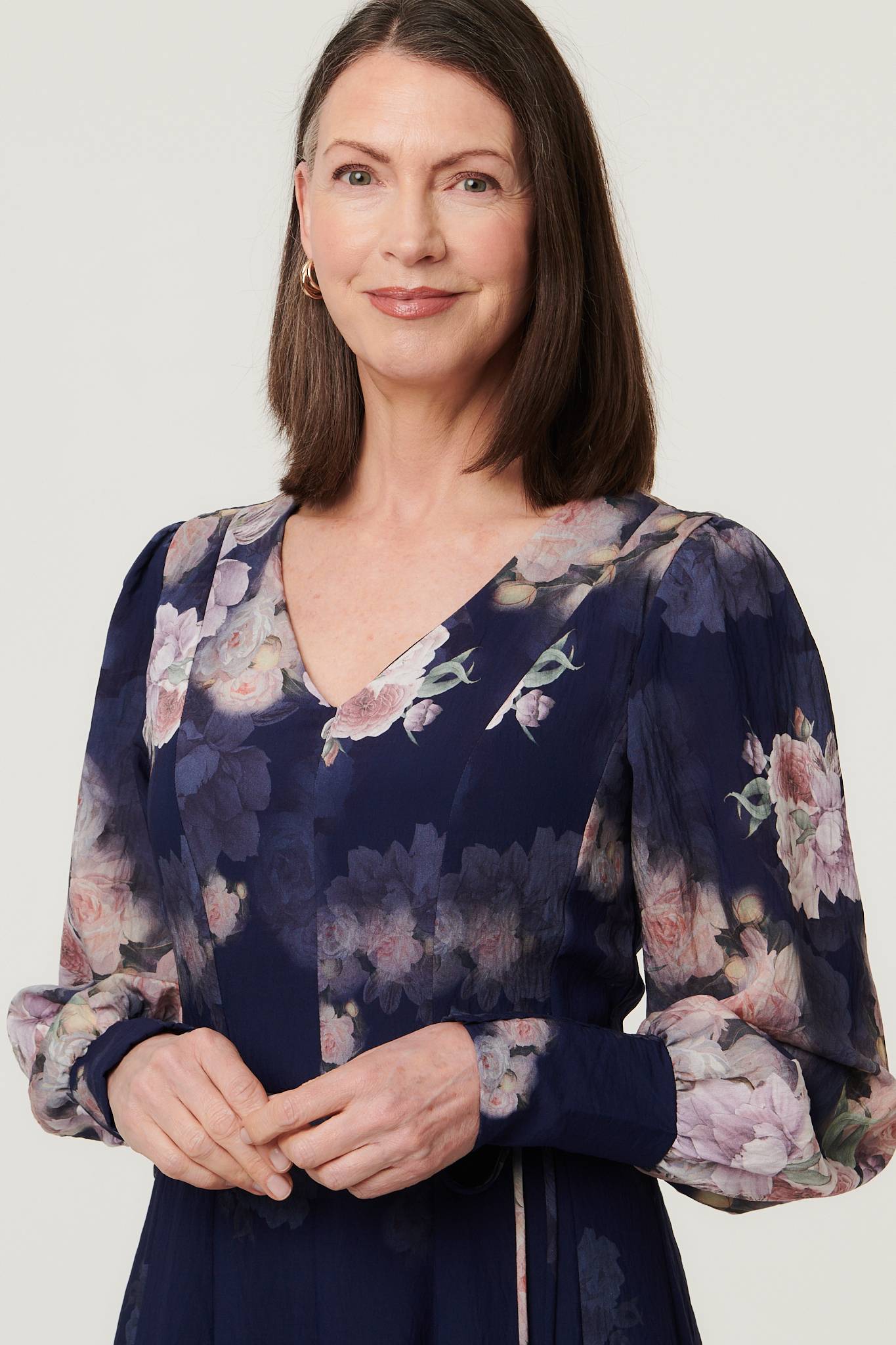 Floral Long Balloon Sleeve Midi Dress Detail View