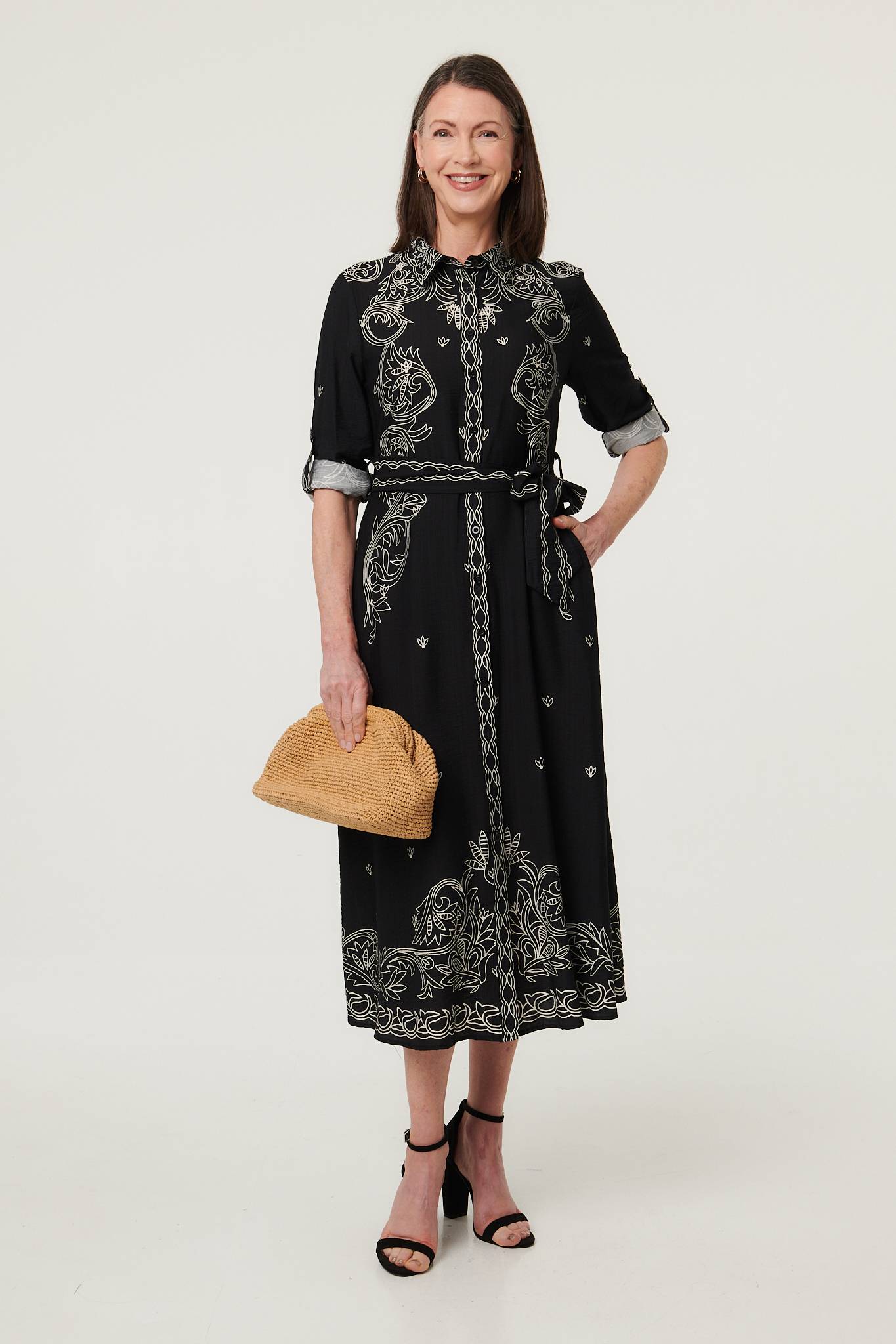 Border Print Tie Waist Midi Shirt Dress Front View