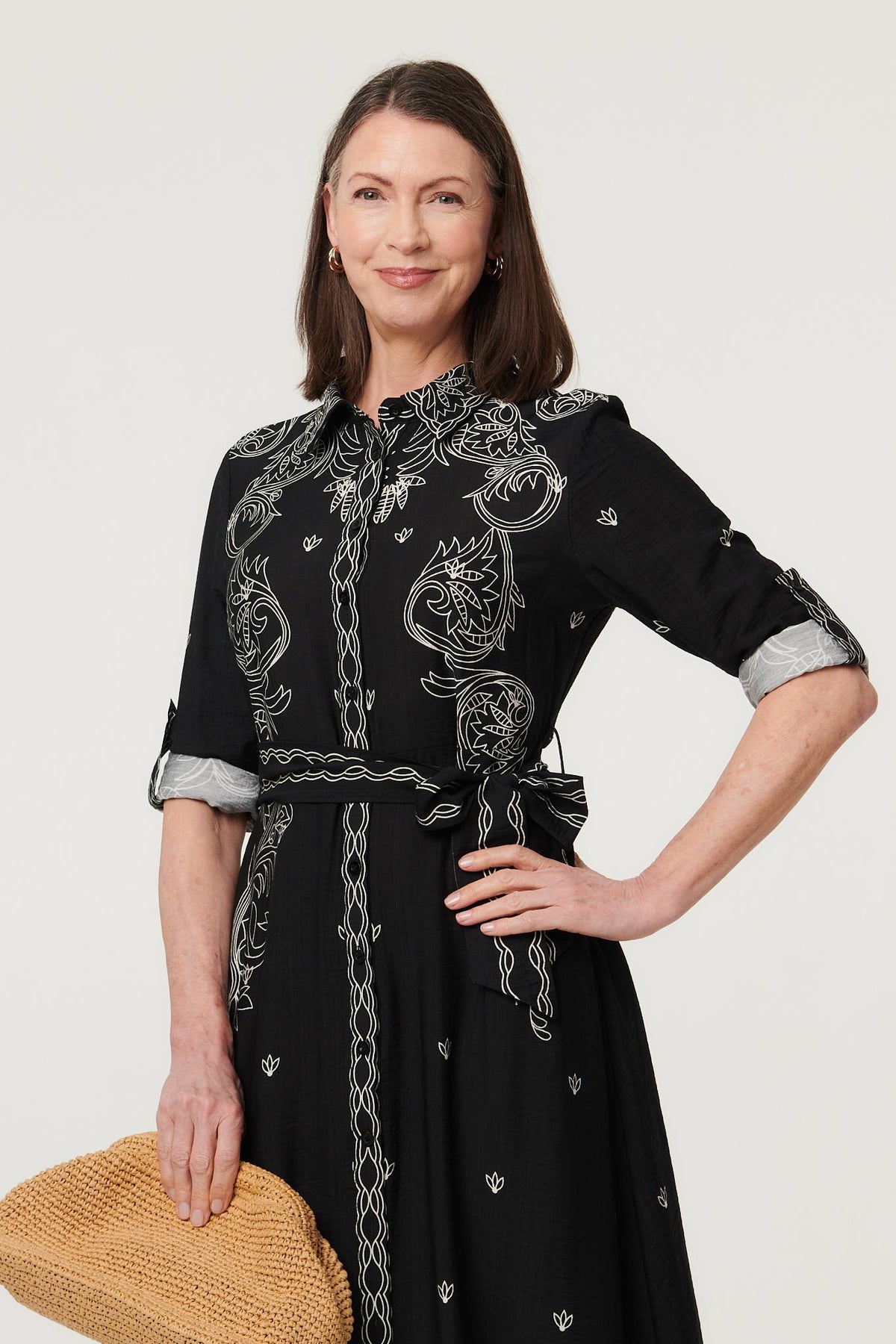 Border Print Tie Waist Midi Shirt Dress Back View