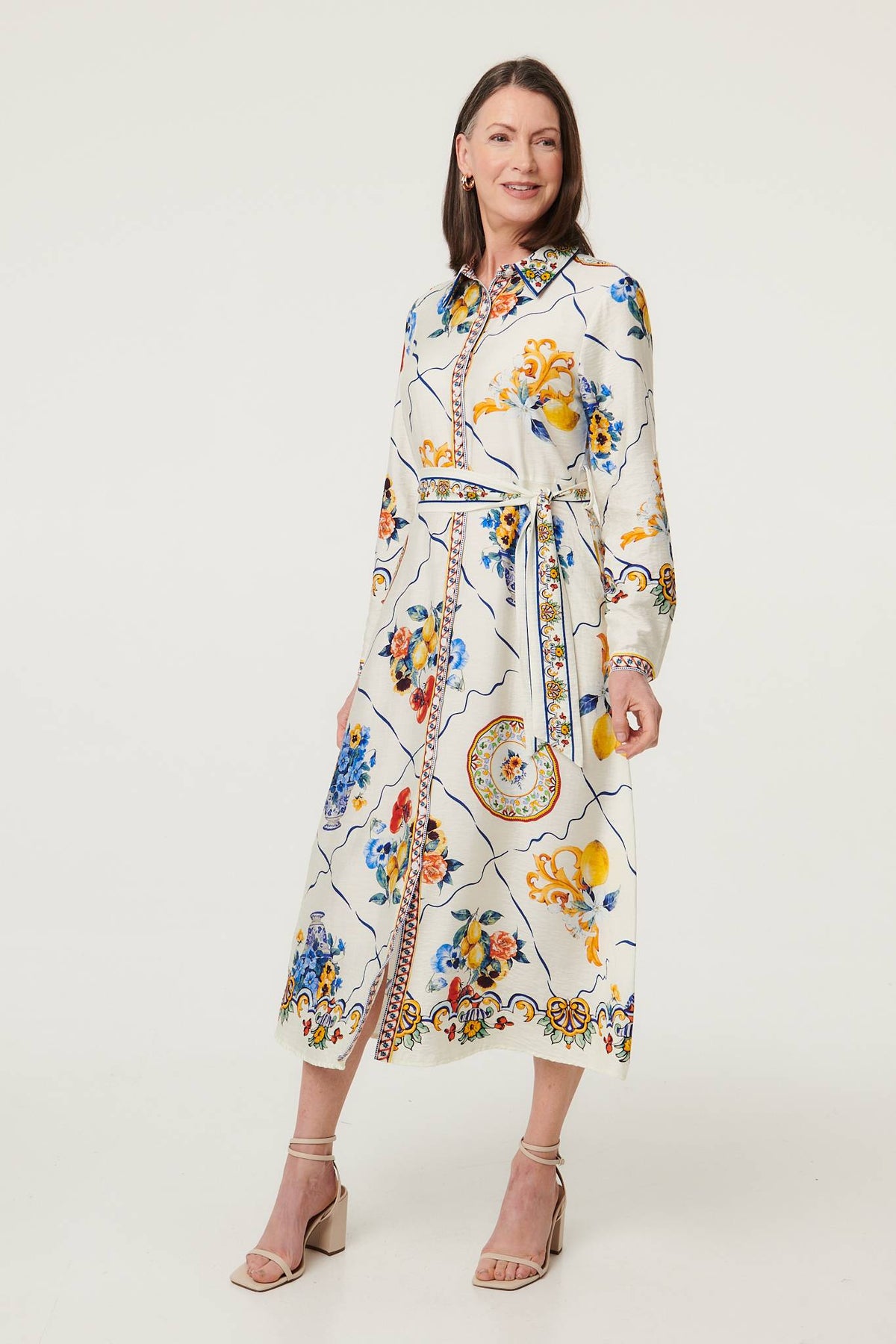 Printed Long Sleeve Maxi Shirt Dress Styled View