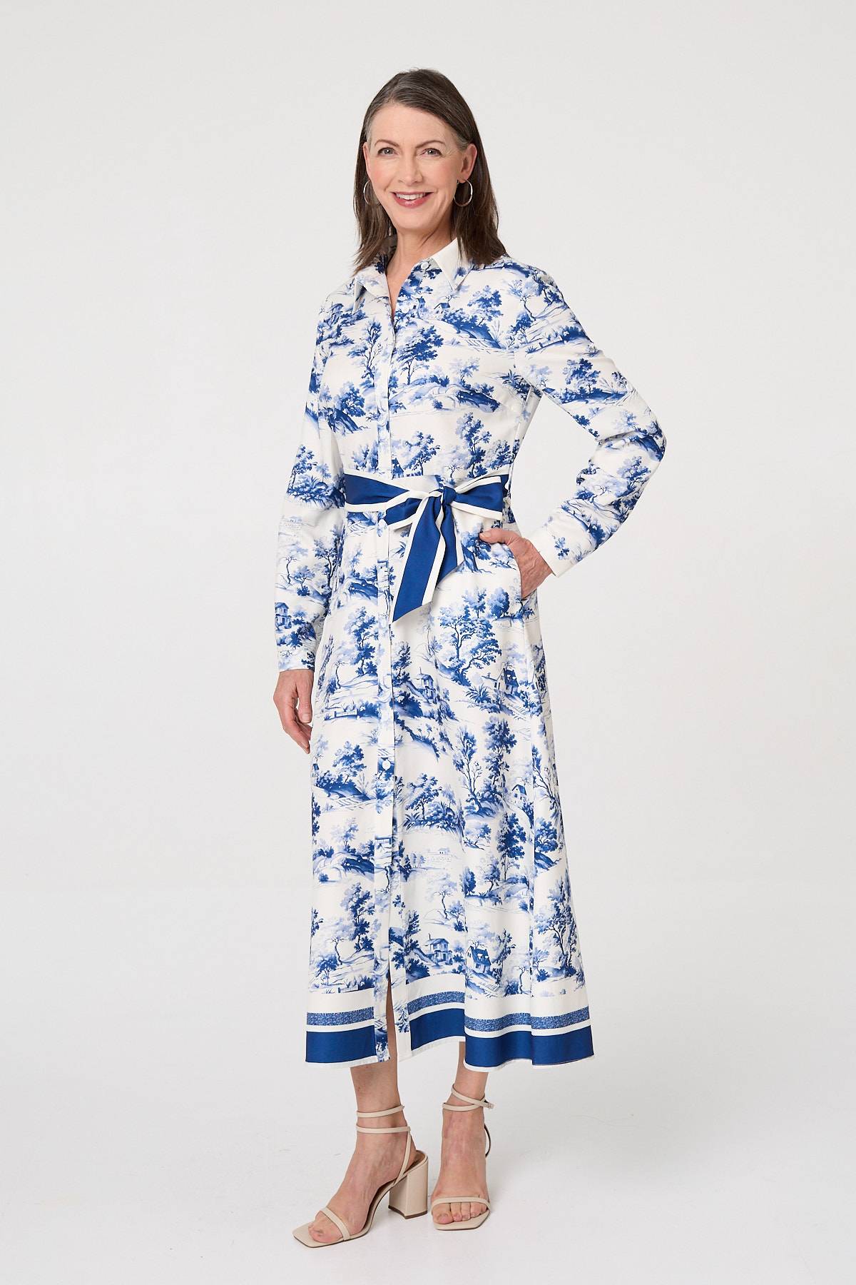Border Print Tie Waist Maxi Shirt Dress Front View 2