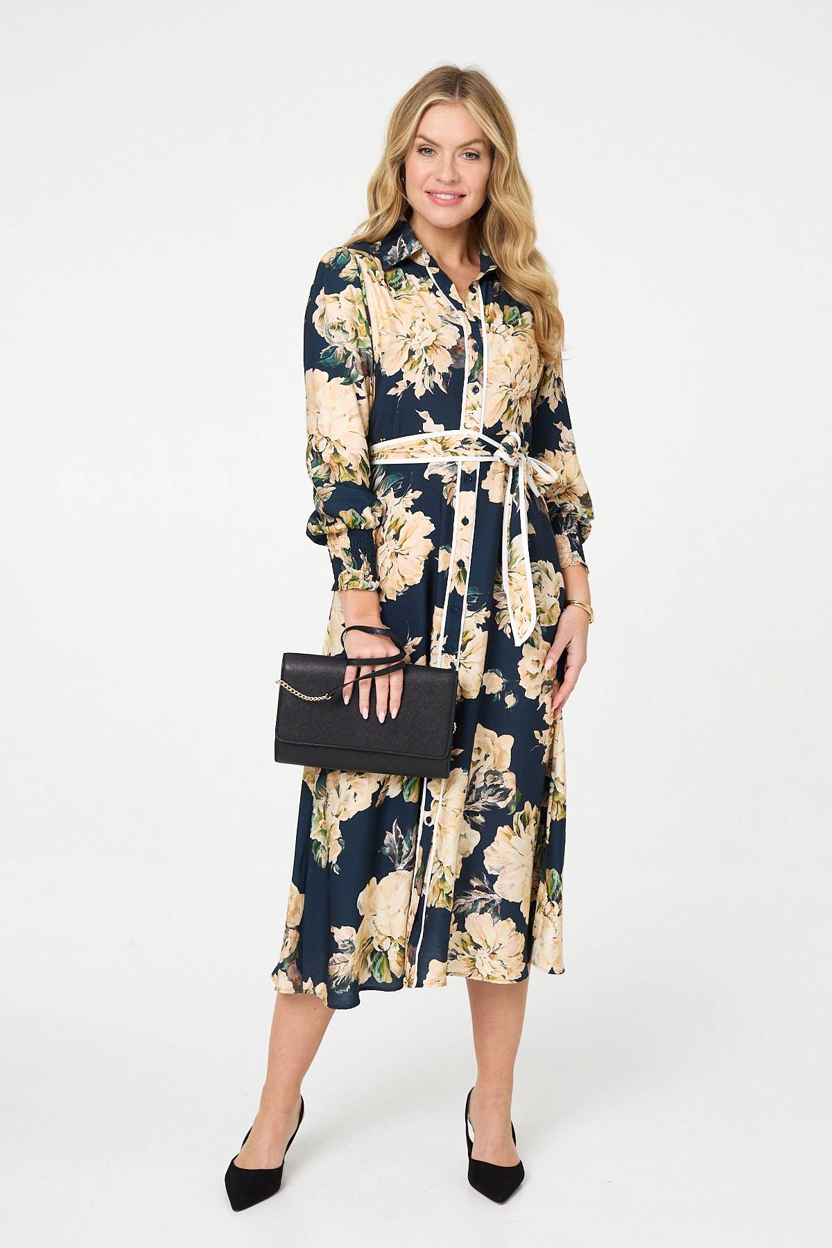 Floral Print Tie Waist Midi Shirt Dress Back View 2
