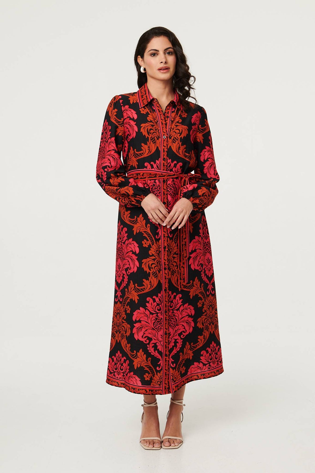 Baroque Print Long Sleeve Maxi Dress Front View