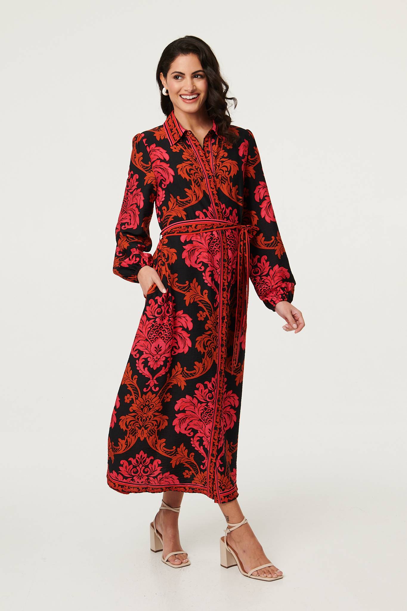 Baroque Print Long Sleeve Maxi Dress Back View