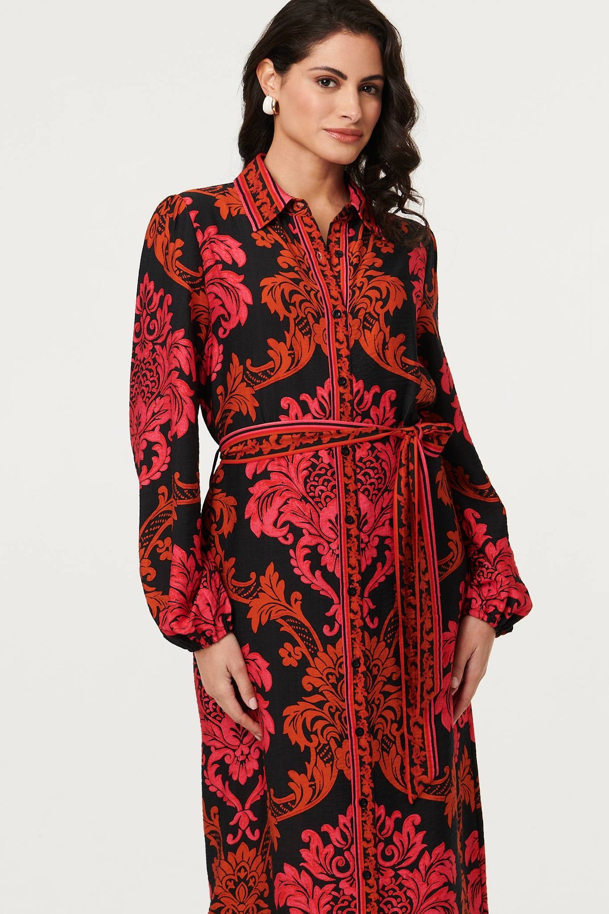 Baroque Print Long Sleeve Maxi Dress Styled View