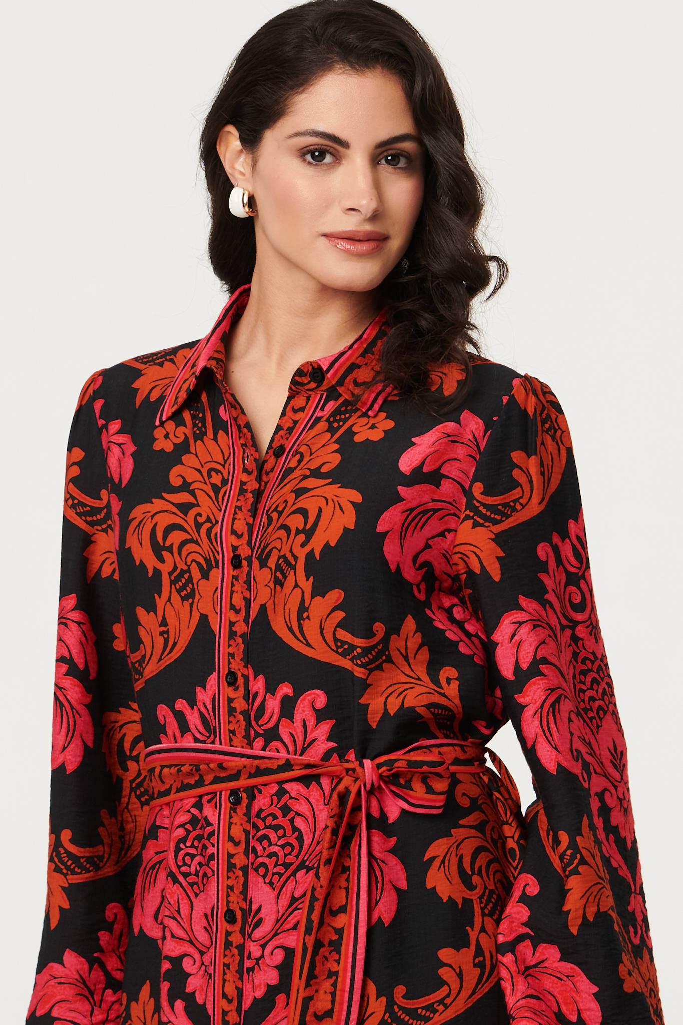 Baroque Print Long Sleeve Maxi Dress Detail View