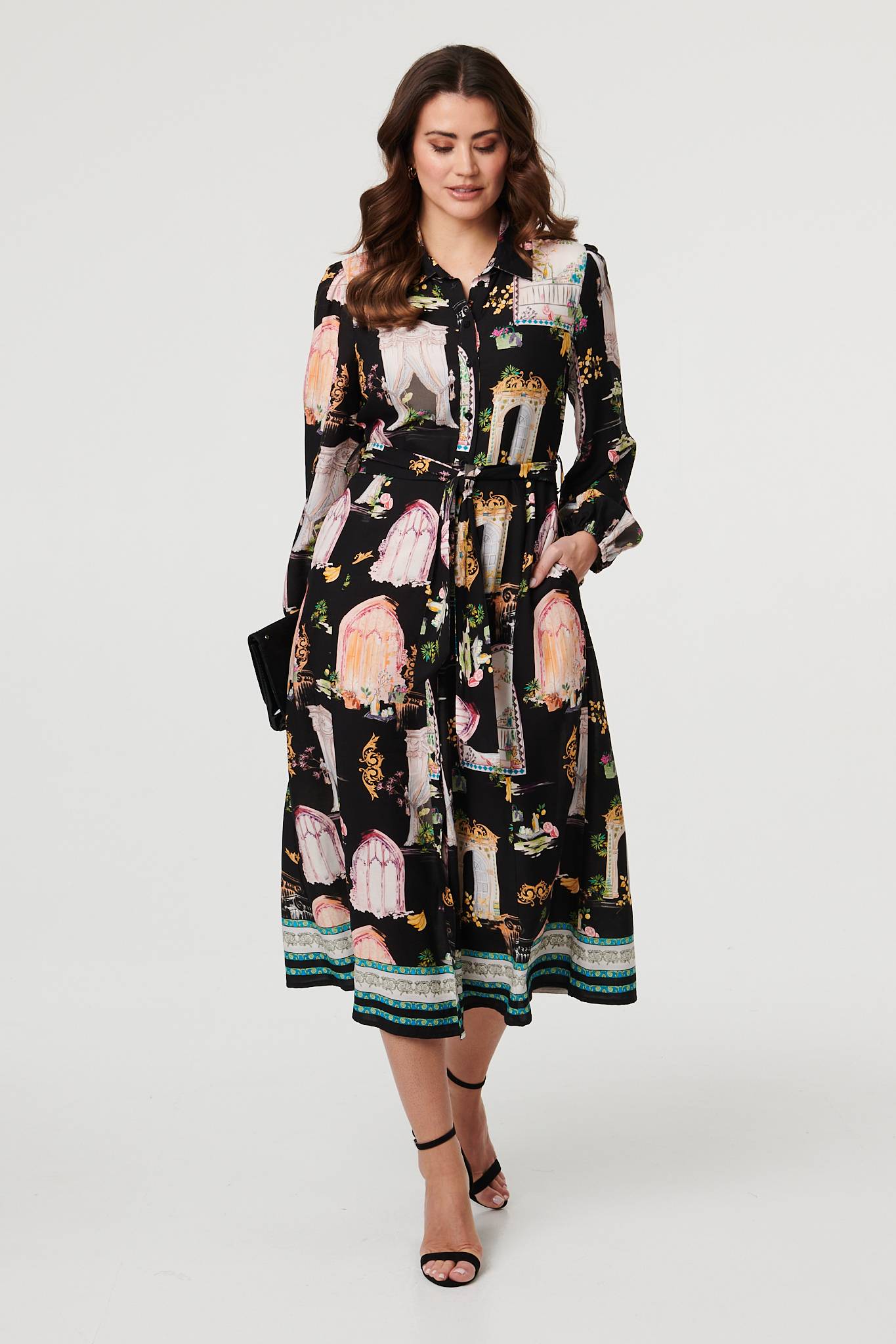 Abstract Long Sleeve Shirt Midi Dress Back View