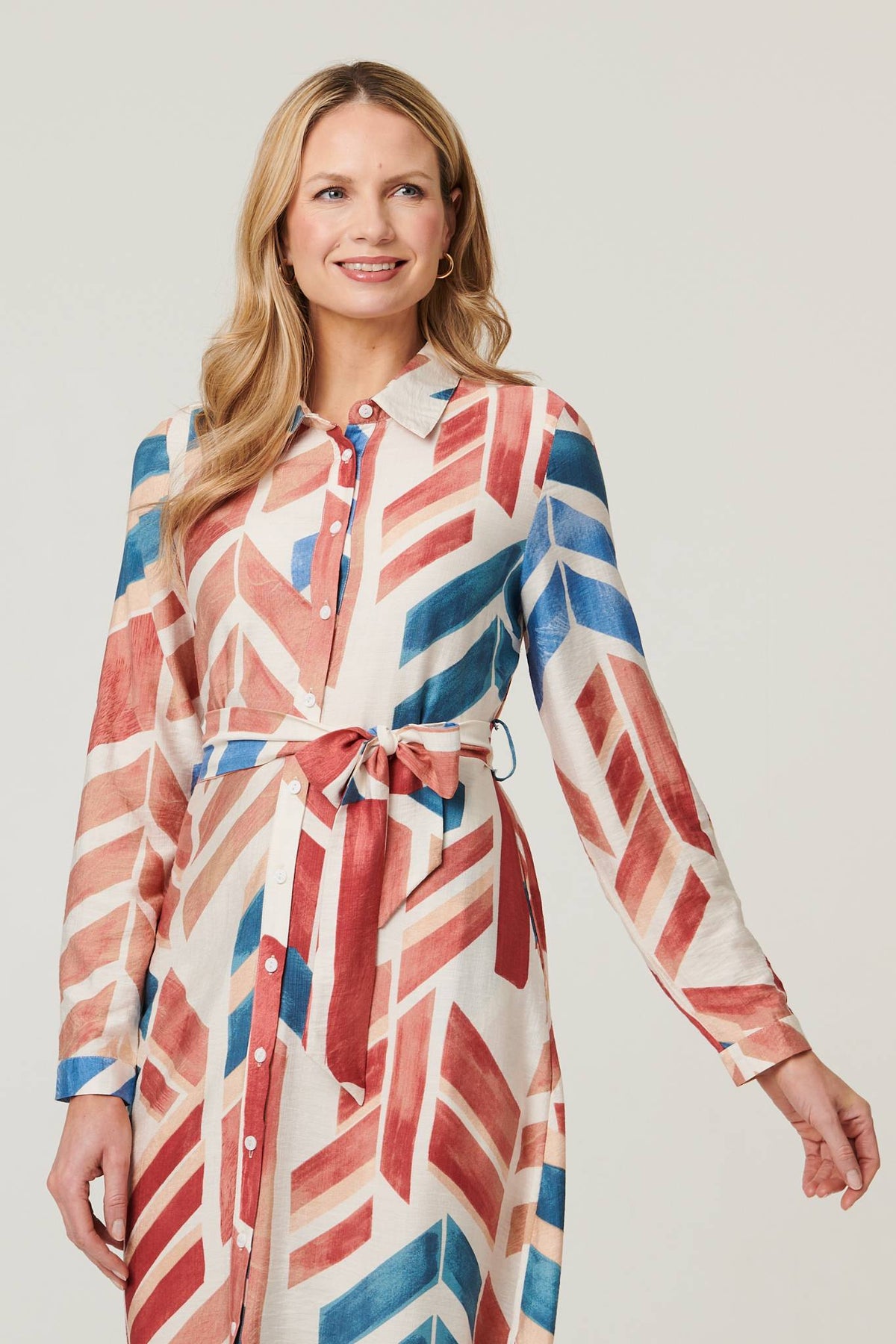 Geo Print Tie Waist Midi Shirt Dress Front View 2