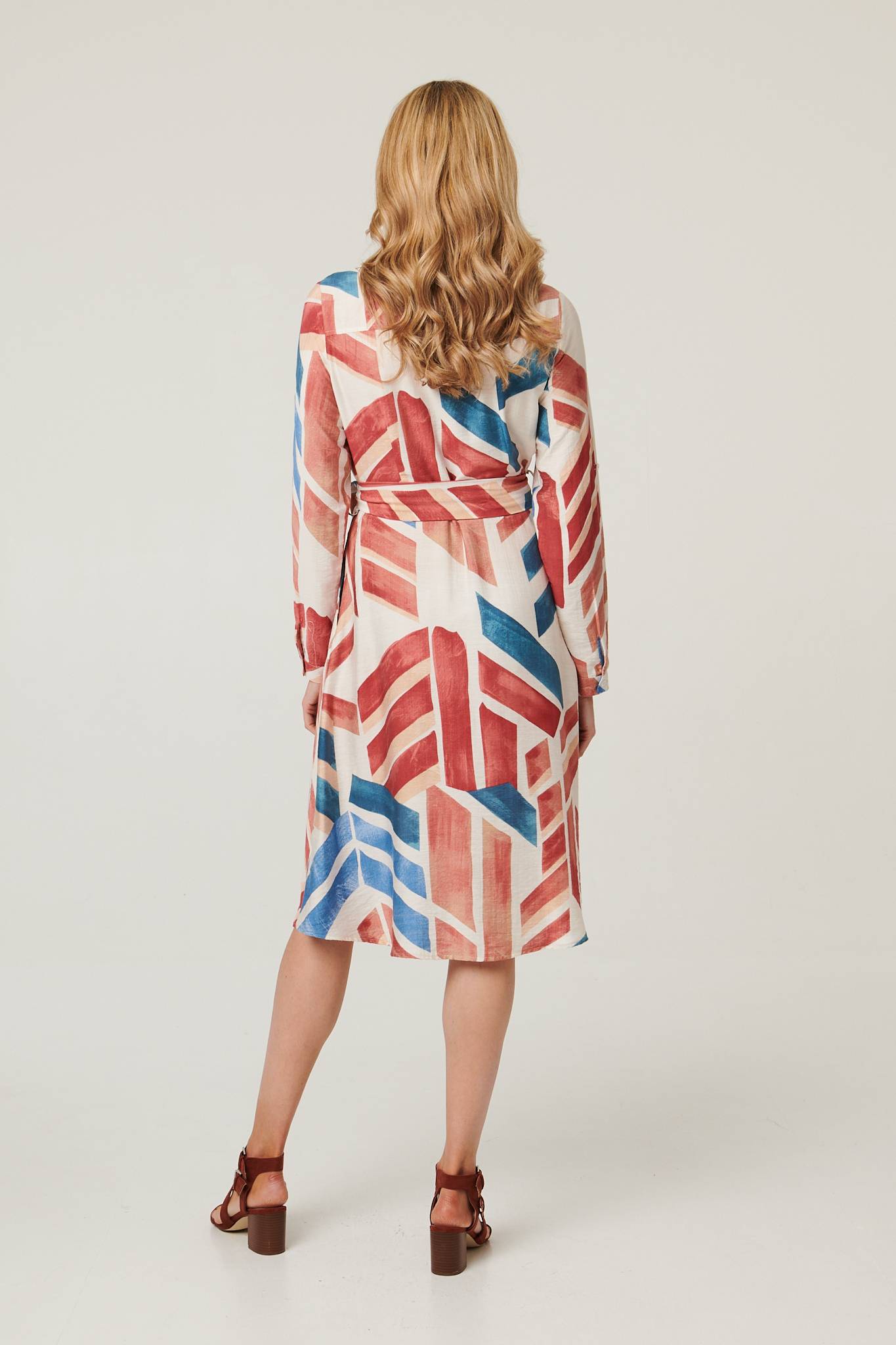 Geo Print Tie Waist Midi Shirt Dress Detail View