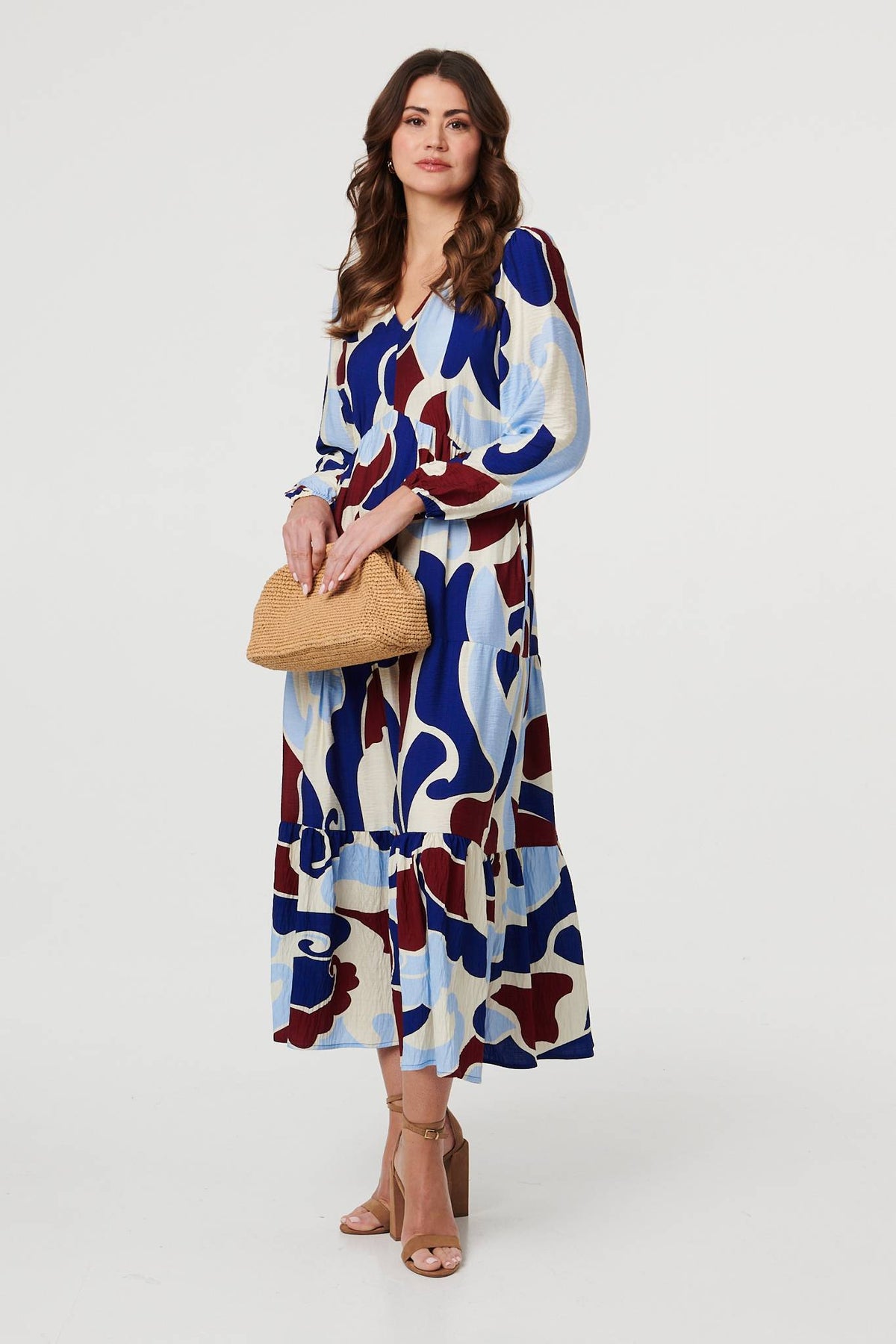 Abstract Tiered Long Sleeve Midi Dress Front View