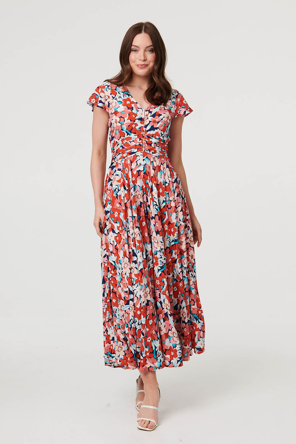 Ruched Tie Back Cap Sleeve Maxi Dress Front View