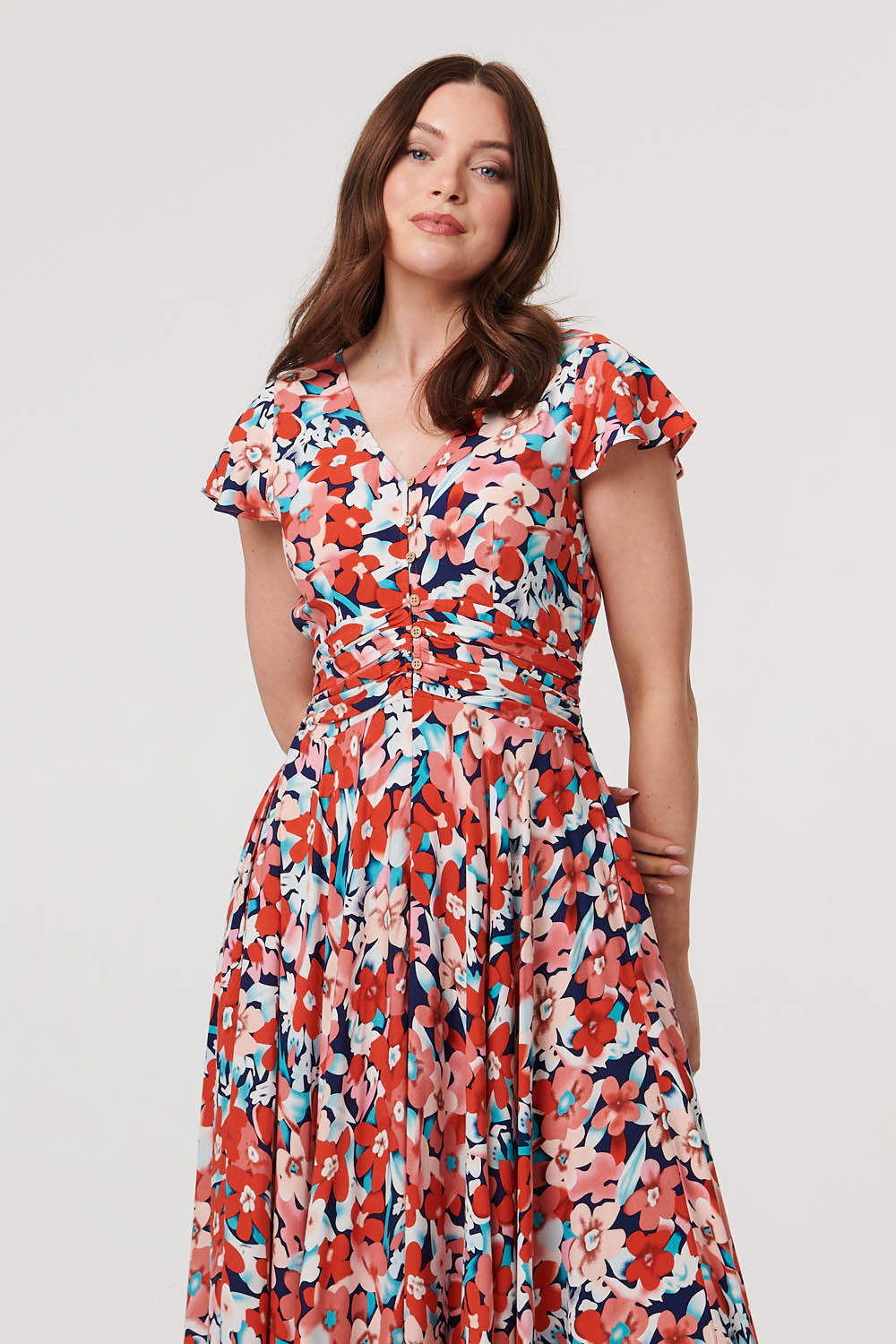 Ruched Tie Back Cap Sleeve Maxi Dress Back View