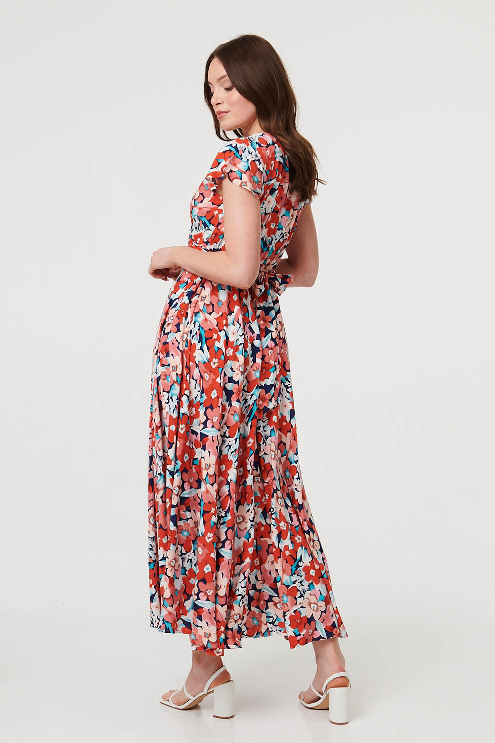 Ruched Tie Back Cap Sleeve Maxi Dress Styled View