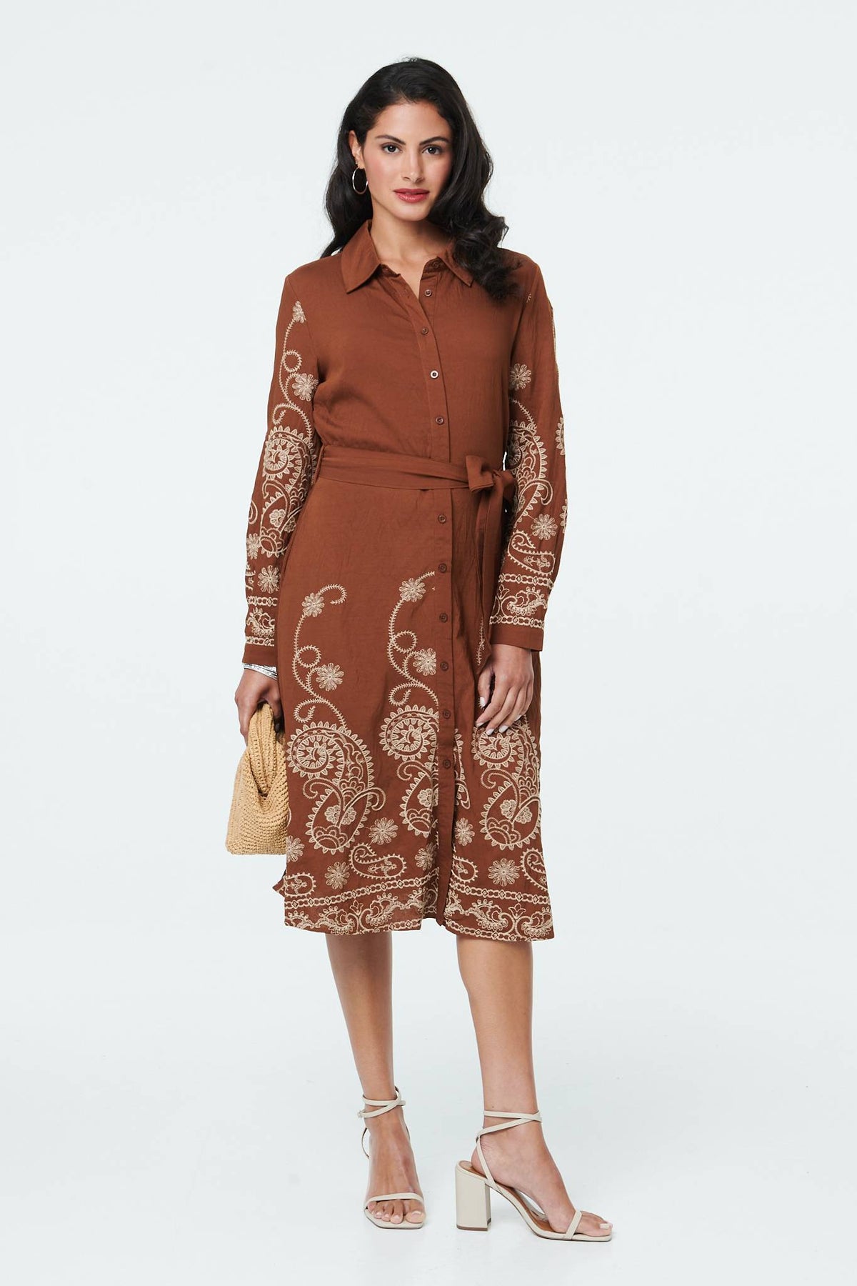Embroidered Long Sleeve Shirt Midi Dress Back View 2