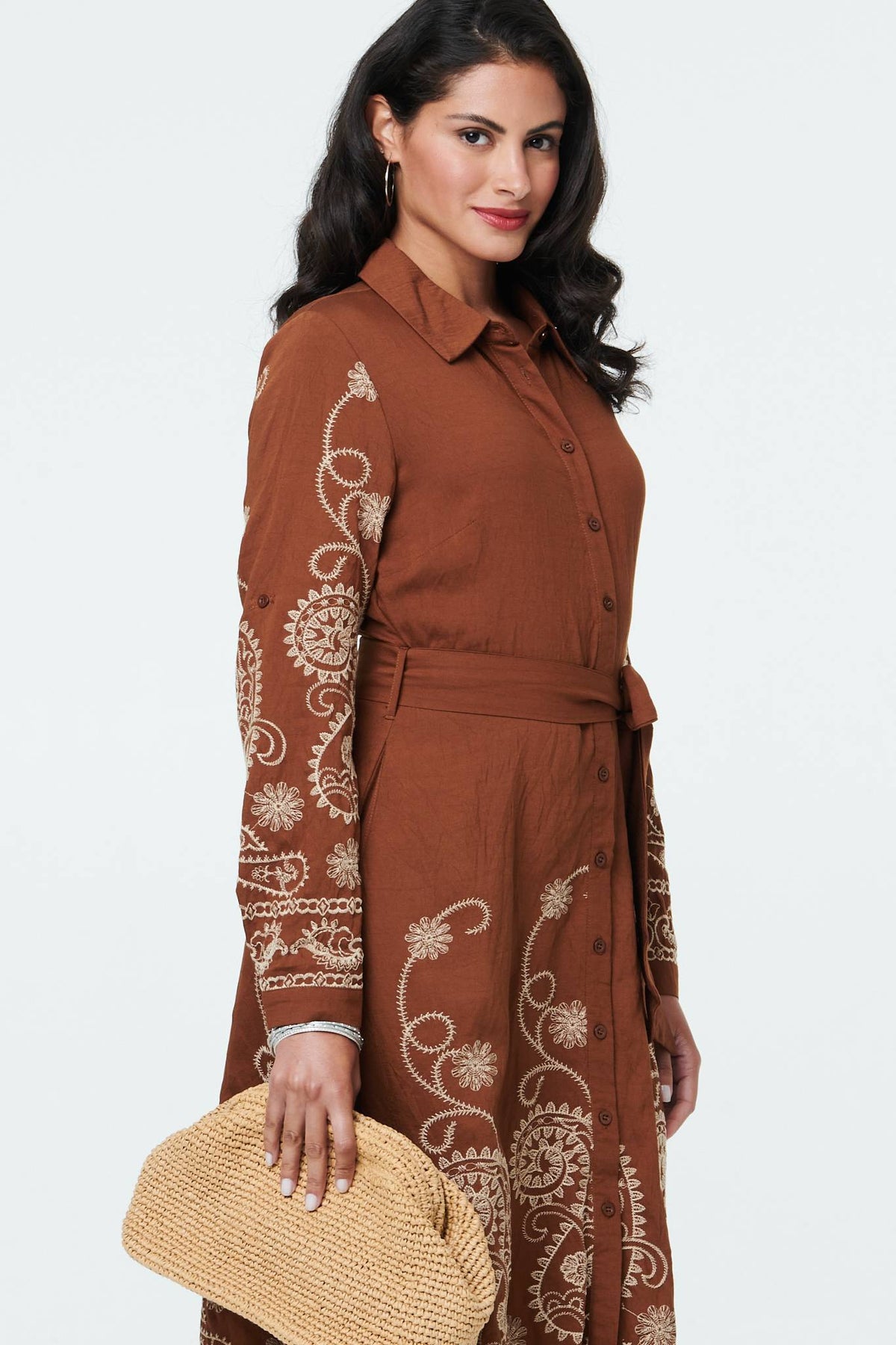 Embroidered Long Sleeve Shirt Midi Dress Styled View 2