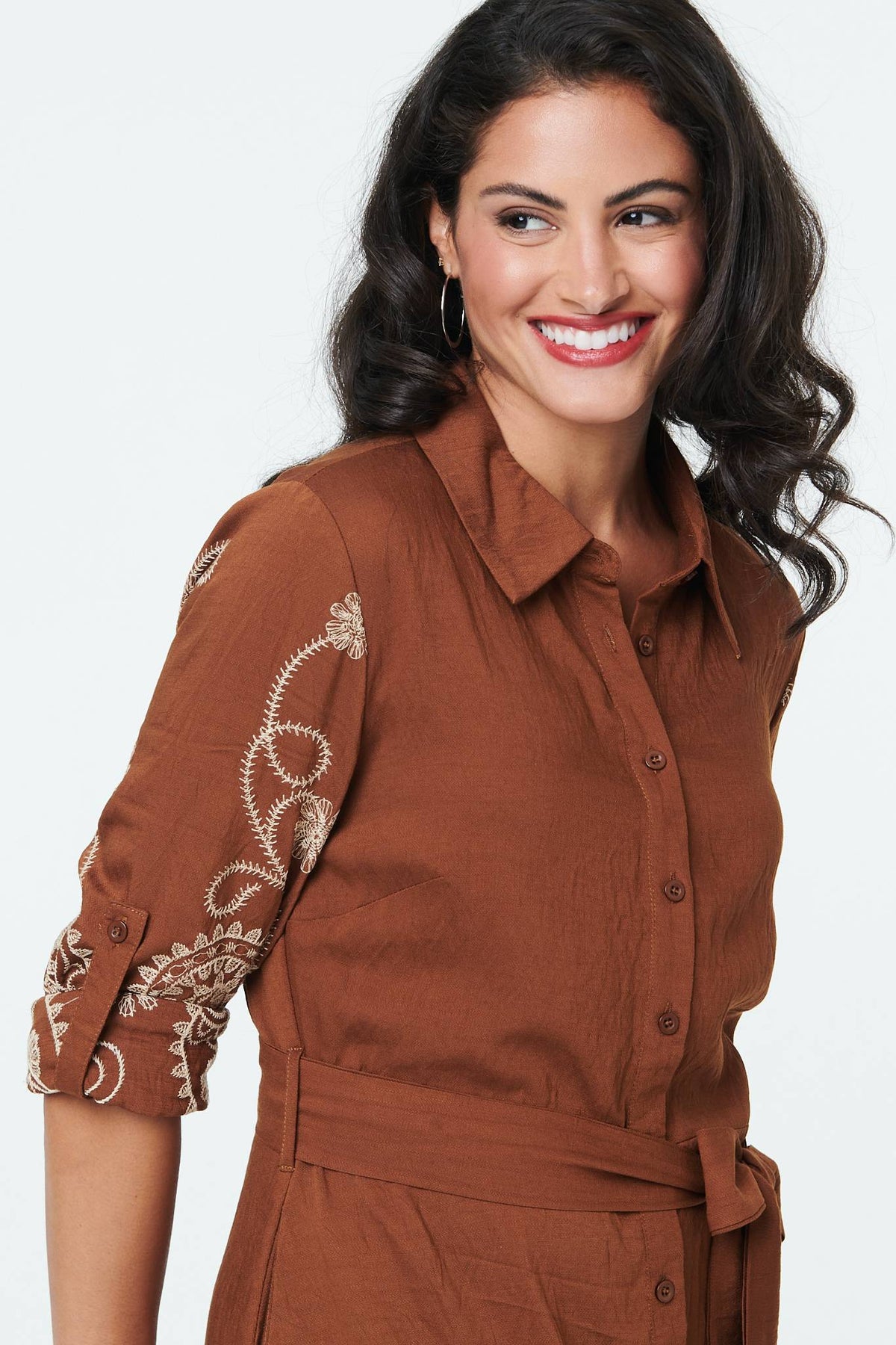 Embroidered Long Sleeve Shirt Midi Dress Full Length View 2
