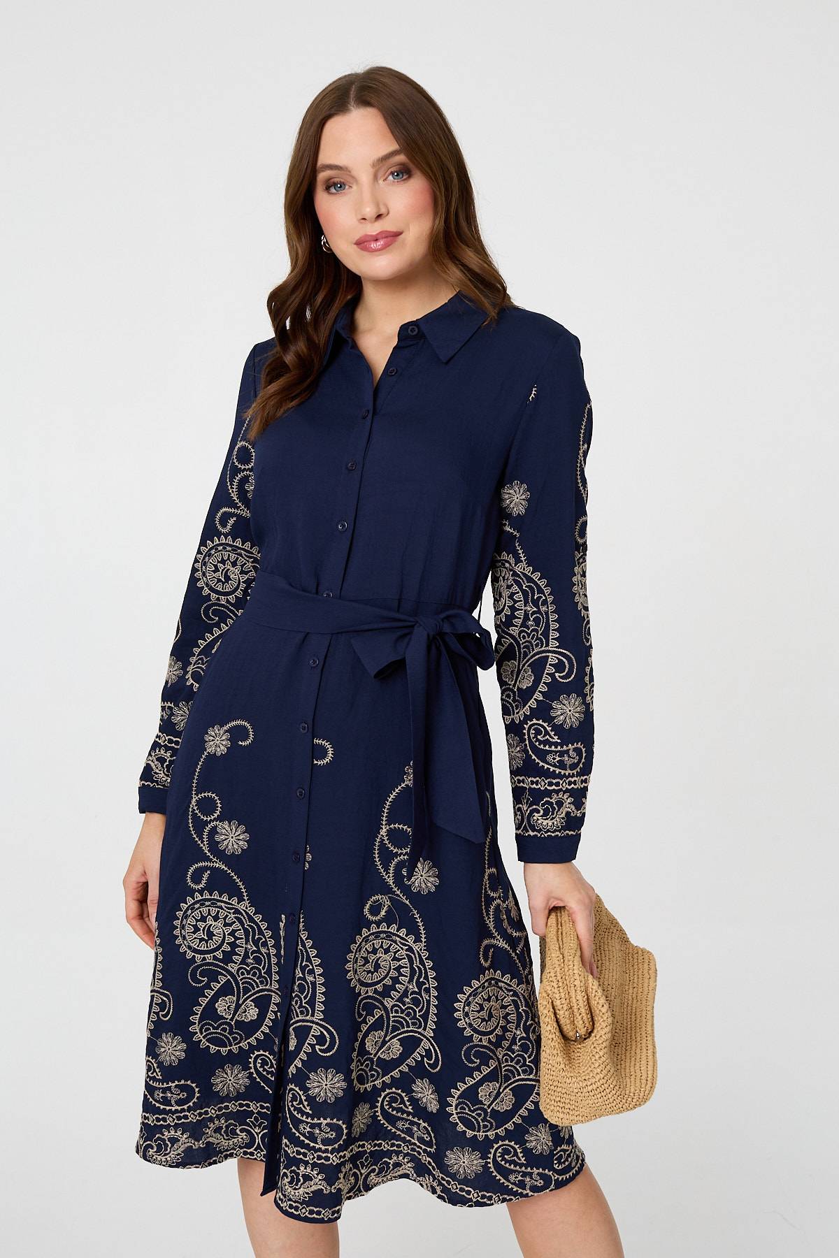 Embroidered Long Sleeve Shirt Midi Dress Front View