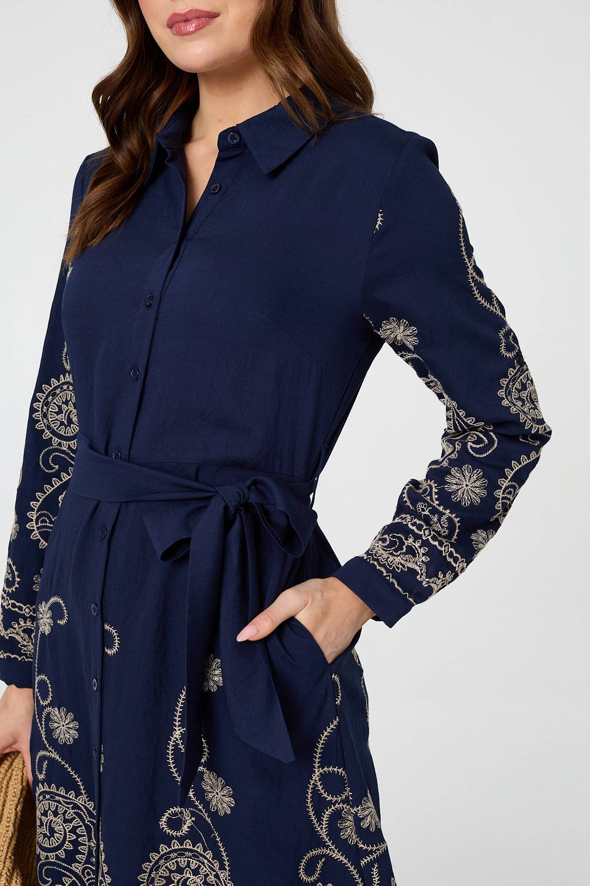 Embroidered Long Sleeve Shirt Midi Dress Styled View