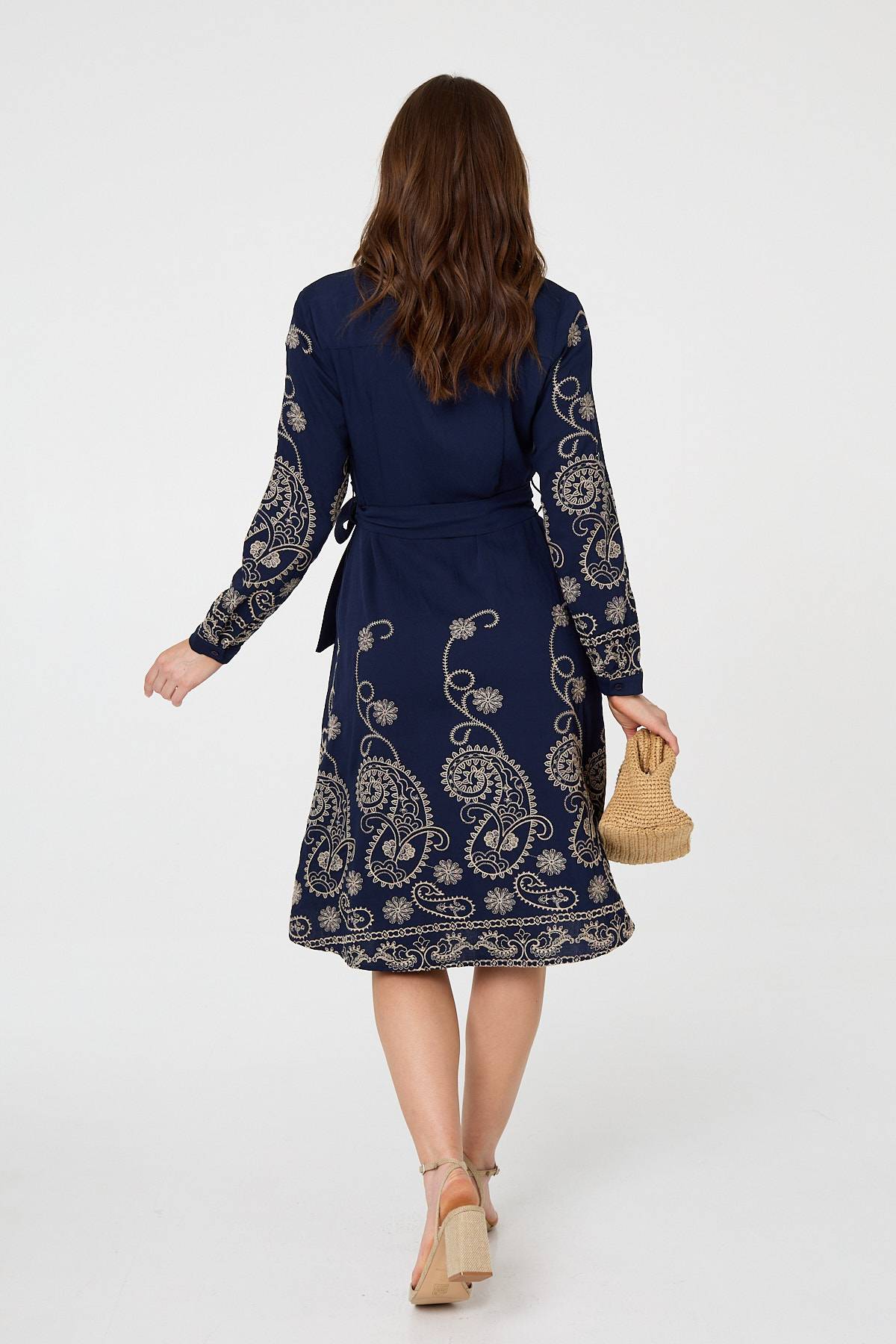 Embroidered Long Sleeve Shirt Midi Dress Detail View