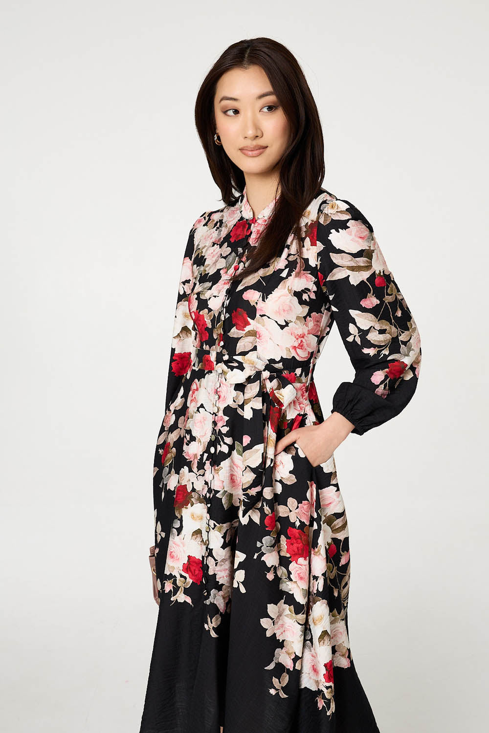 Floral Tie Waist Long Sleeve Midi Dress Styled View 2