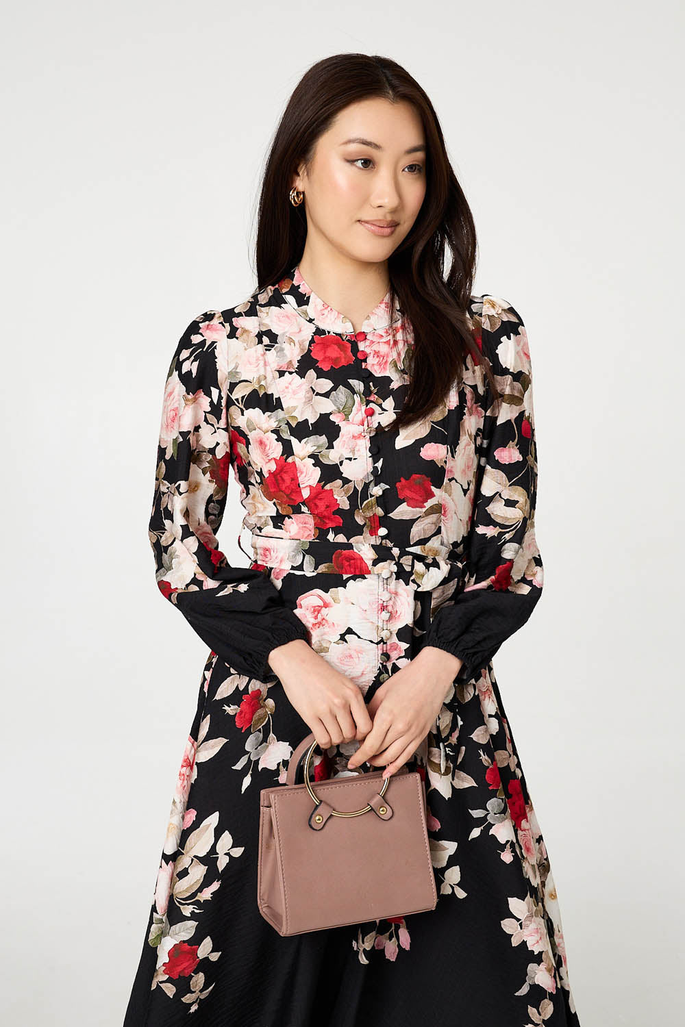 Floral Tie Waist Long Sleeve Midi Dress Side View 2