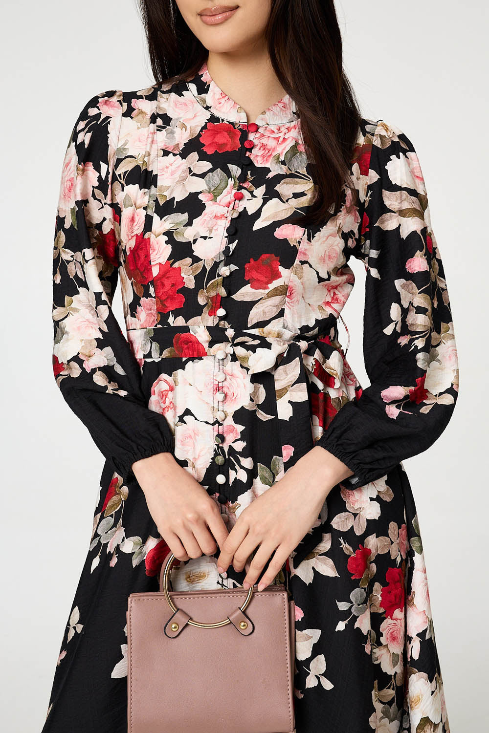Floral Tie Waist Long Sleeve Midi Dress Front View 3