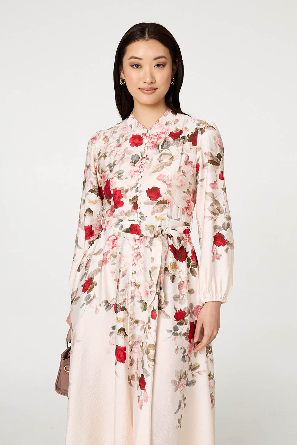 Floral Tie Waist Long Sleeve Midi Dress Back View