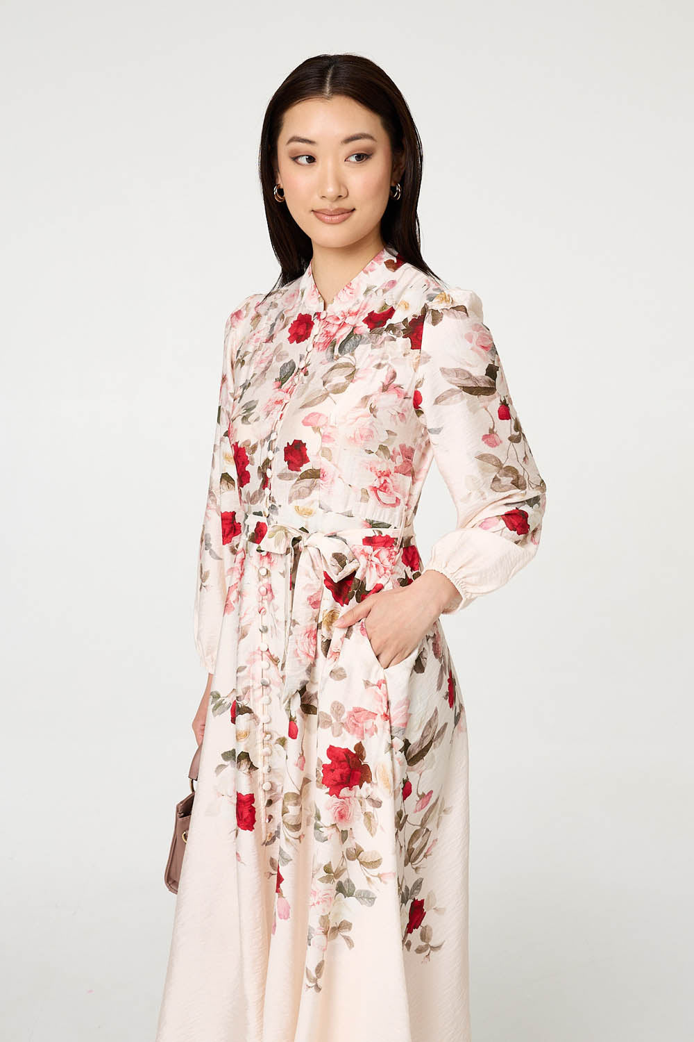 Floral Tie Waist Long Sleeve Midi Dress Detail View