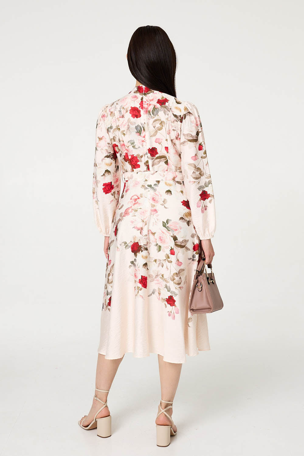 Floral Tie Waist Long Sleeve Midi Dress Side View