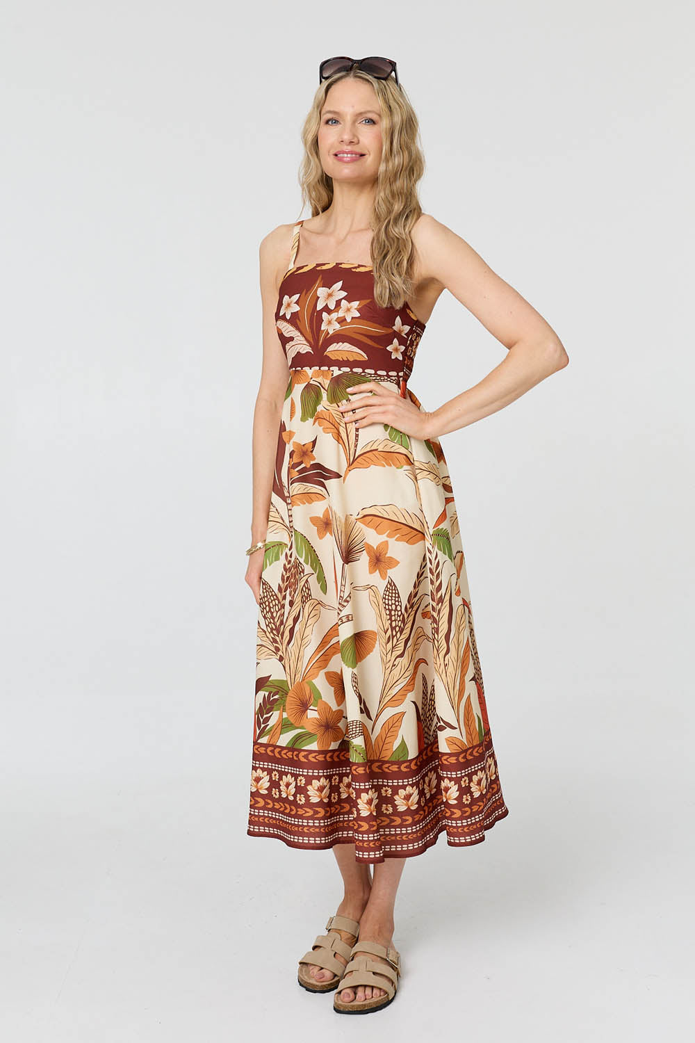 Floral Cami Strap A-Line Midi Dress Detail View