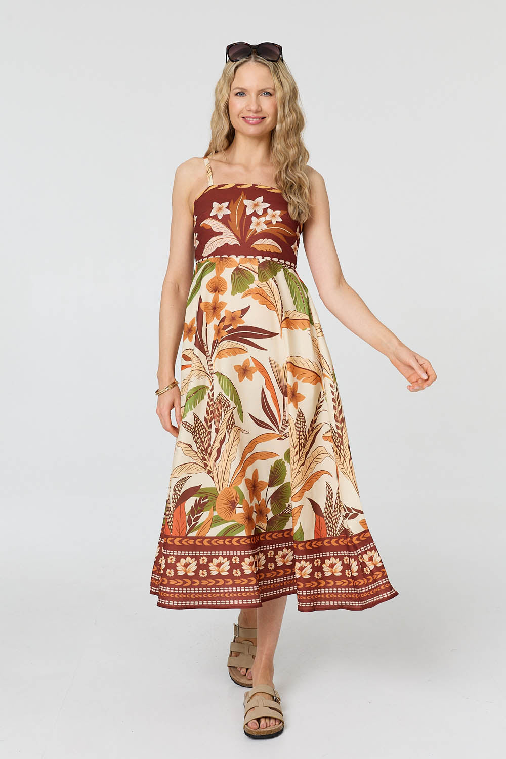 Floral Cami Strap A-Line Midi Dress Front View