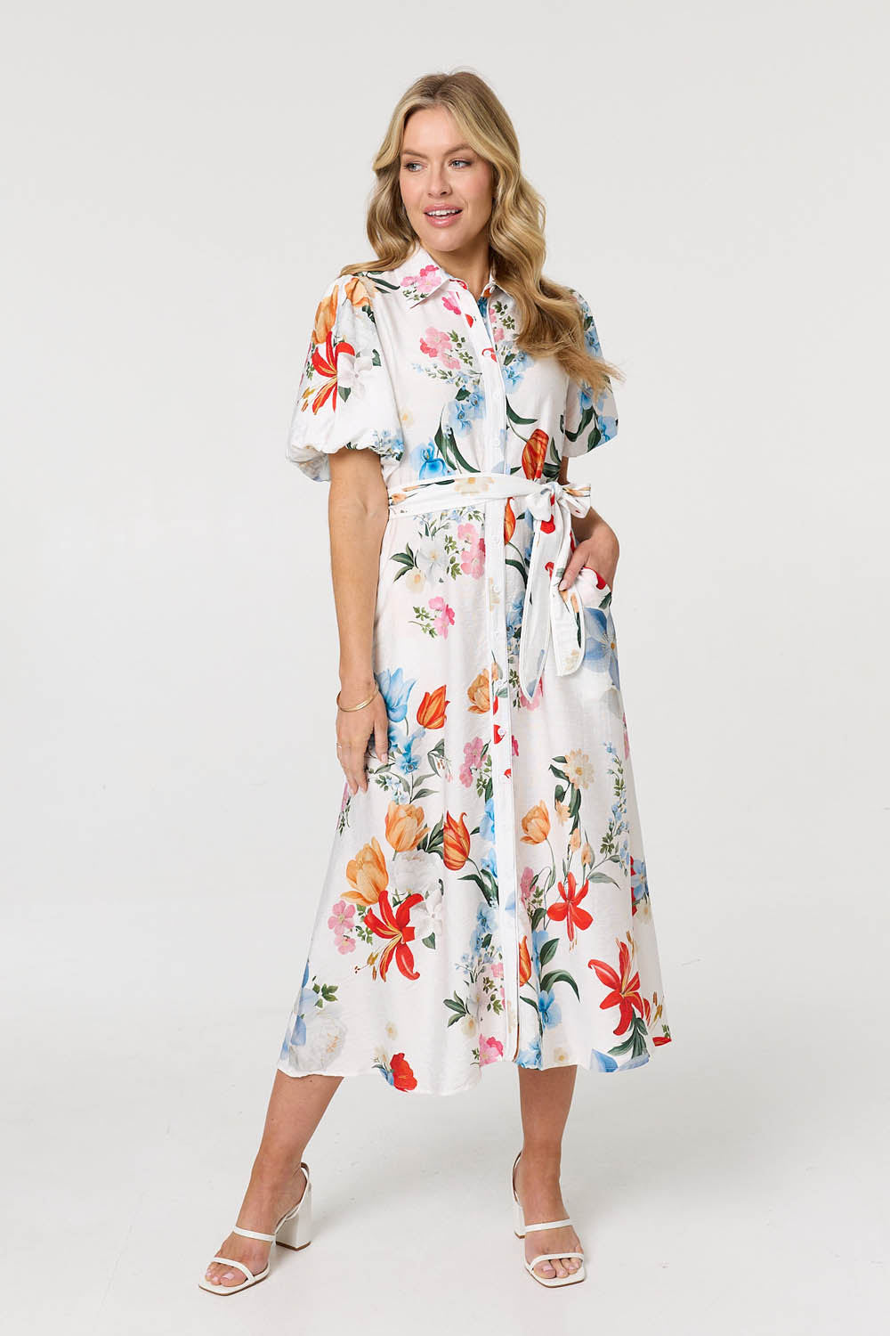 Floral 1/2 Puff Sleeve Midi Shirt Dress Detail View