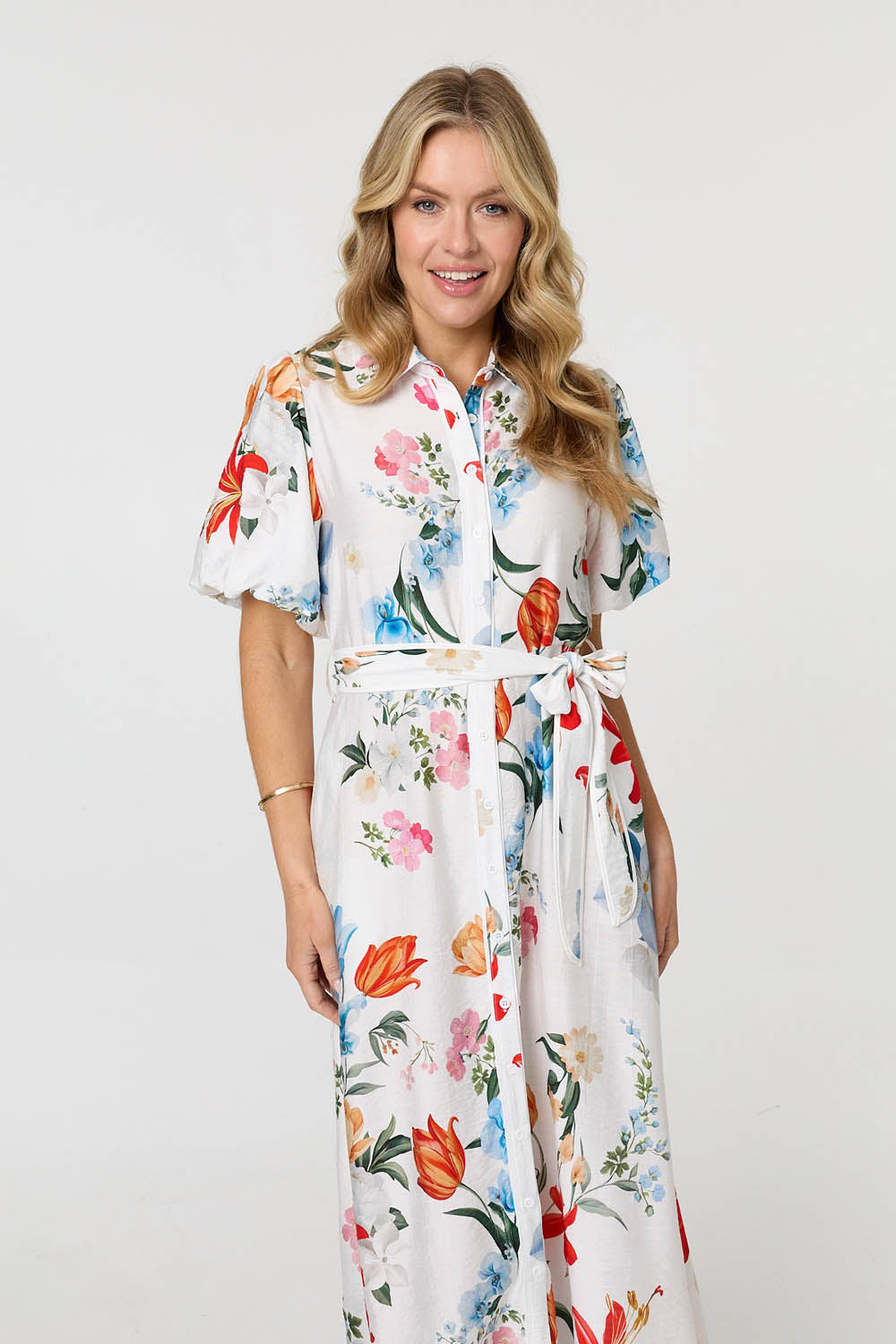 Floral 1/2 Puff Sleeve Midi Shirt Dress Back View