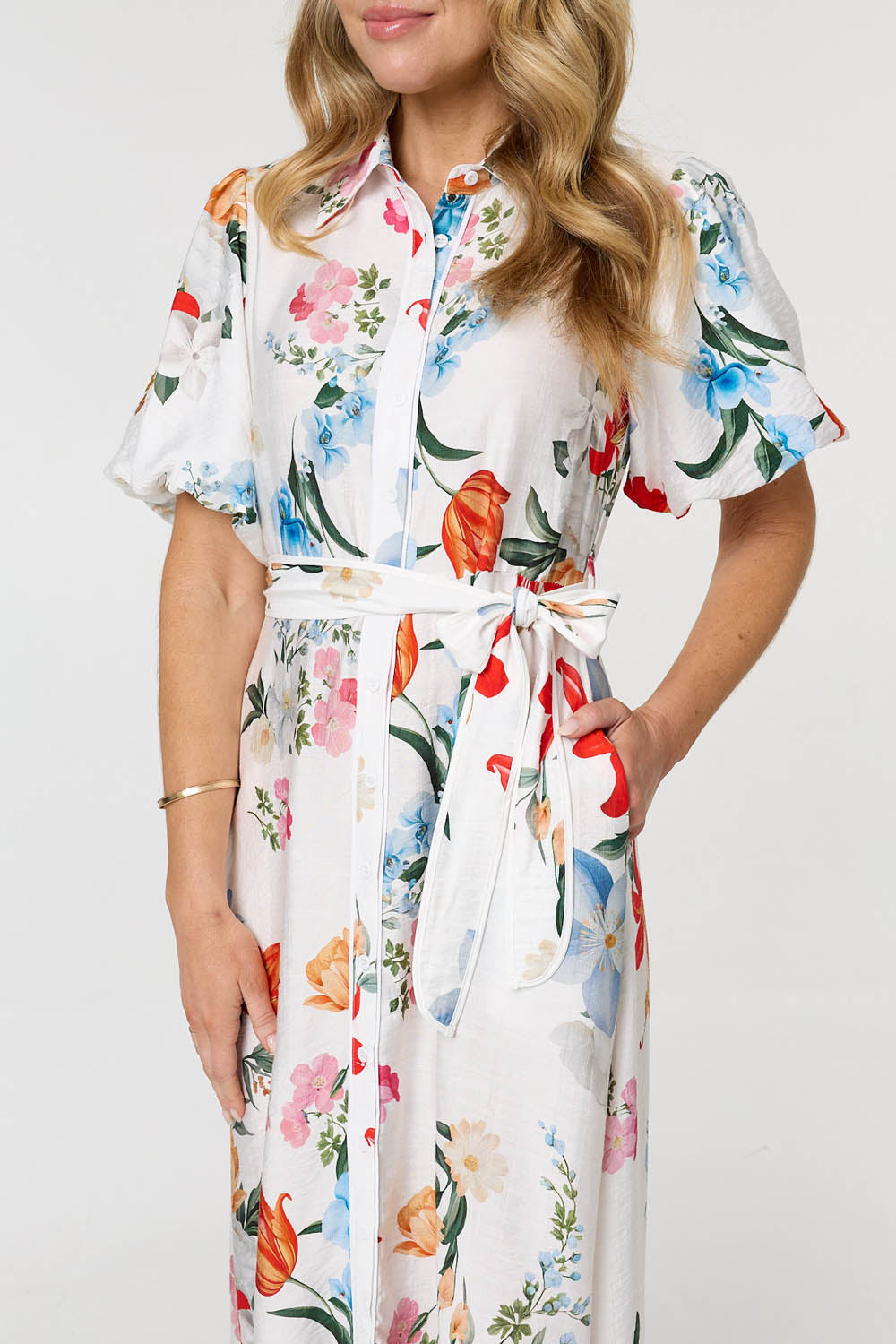 Floral 1/2 Puff Sleeve Midi Shirt Dress Full Length View