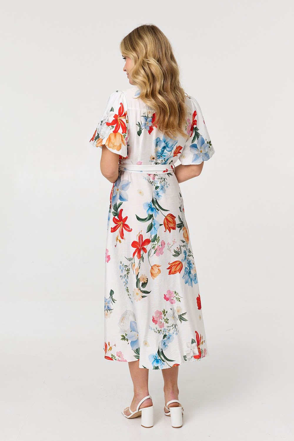 Floral 1/2 Puff Sleeve Midi Shirt Dress Side View