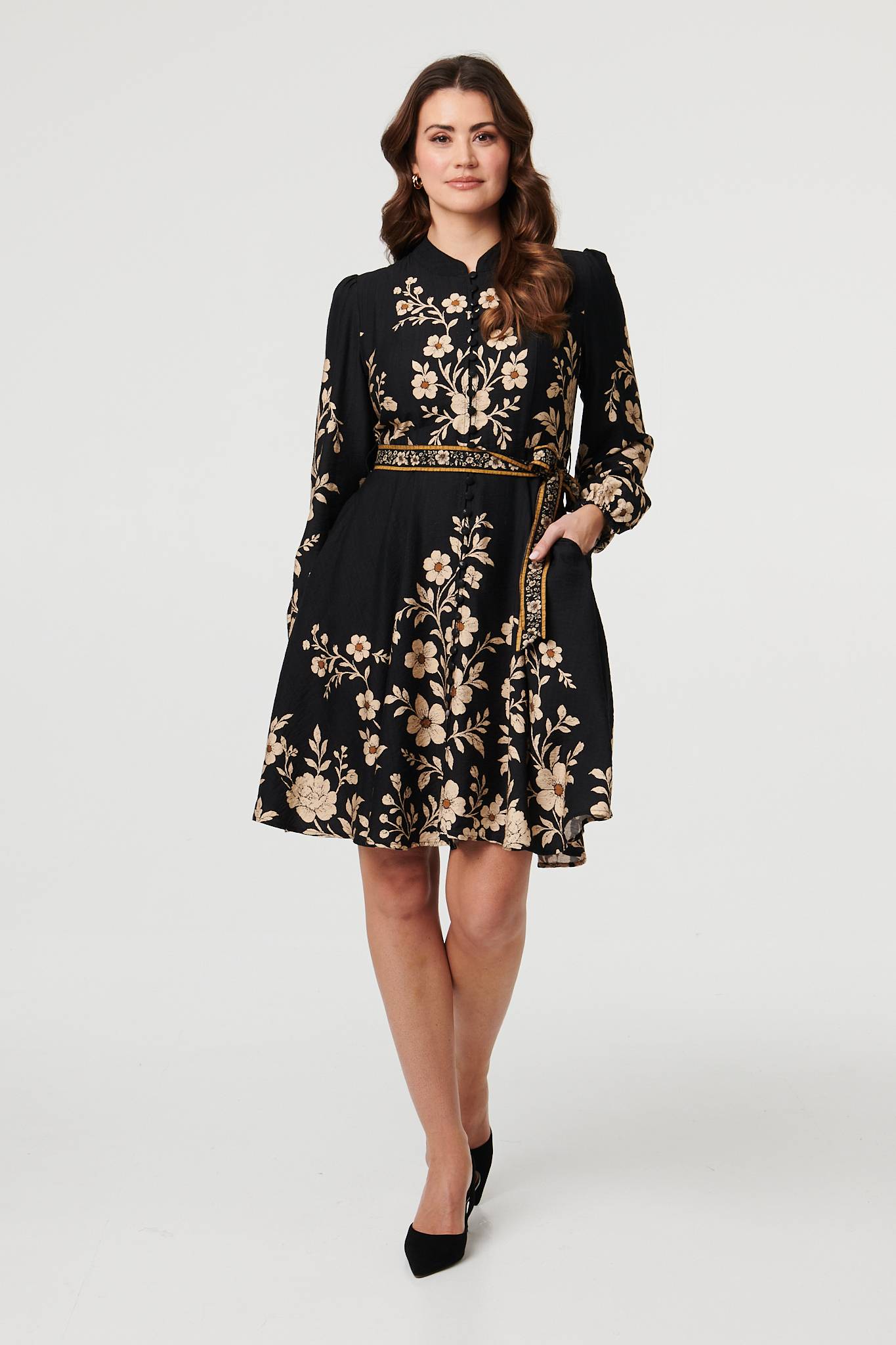 Floral Tie Waist A-Line Knee Length Dress Front View